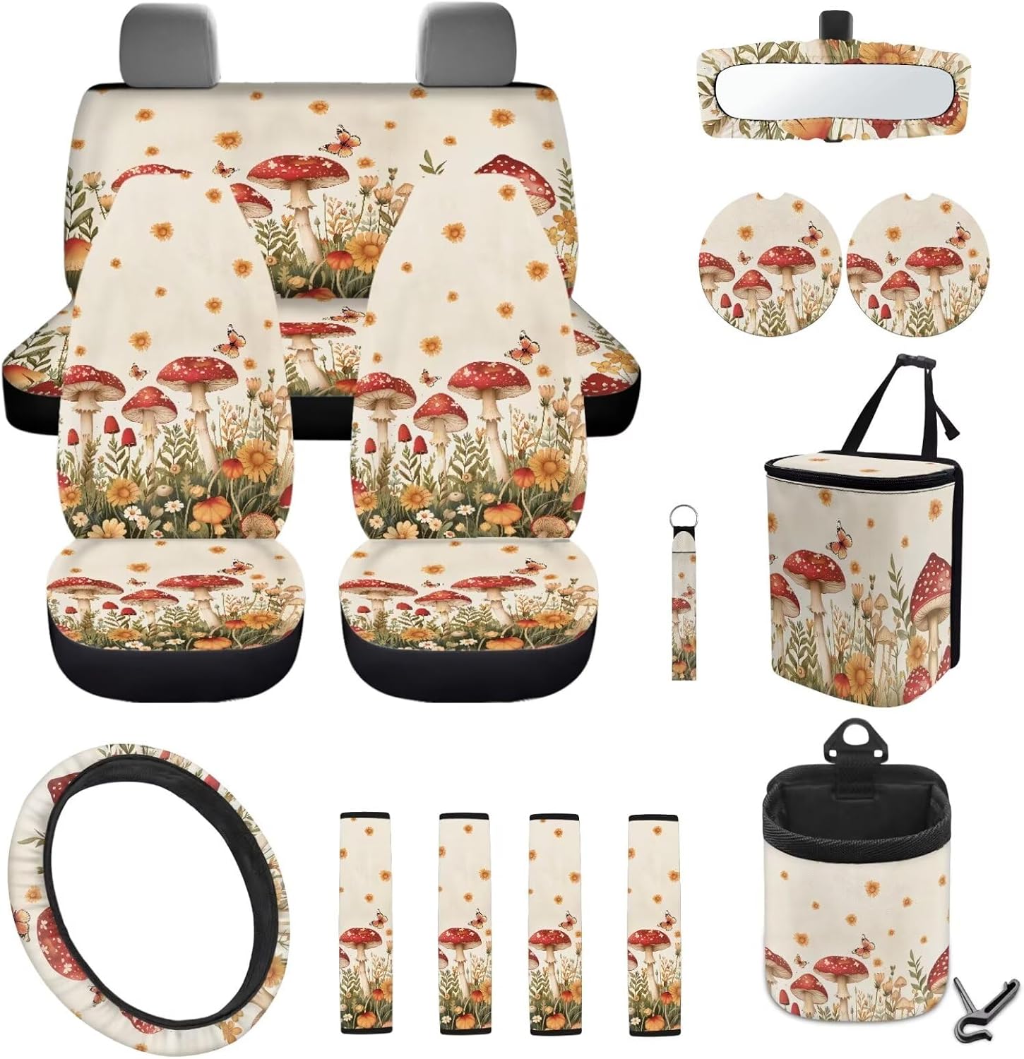 Mushroom Daisy Car Seat Covers for Women Men Waterproof 15 Pcs