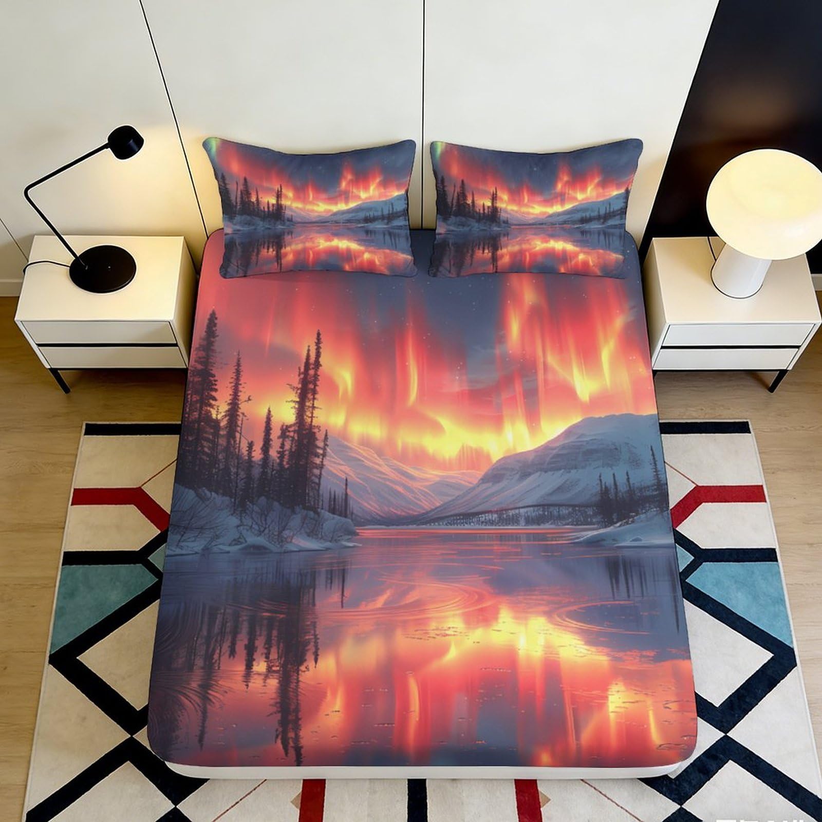 3D Printed Sunset Forest Fitted Sheet Microfiber Soft Lake Reflection Mattress Cover for Bedroom Dorm Decor 90x200x25cm