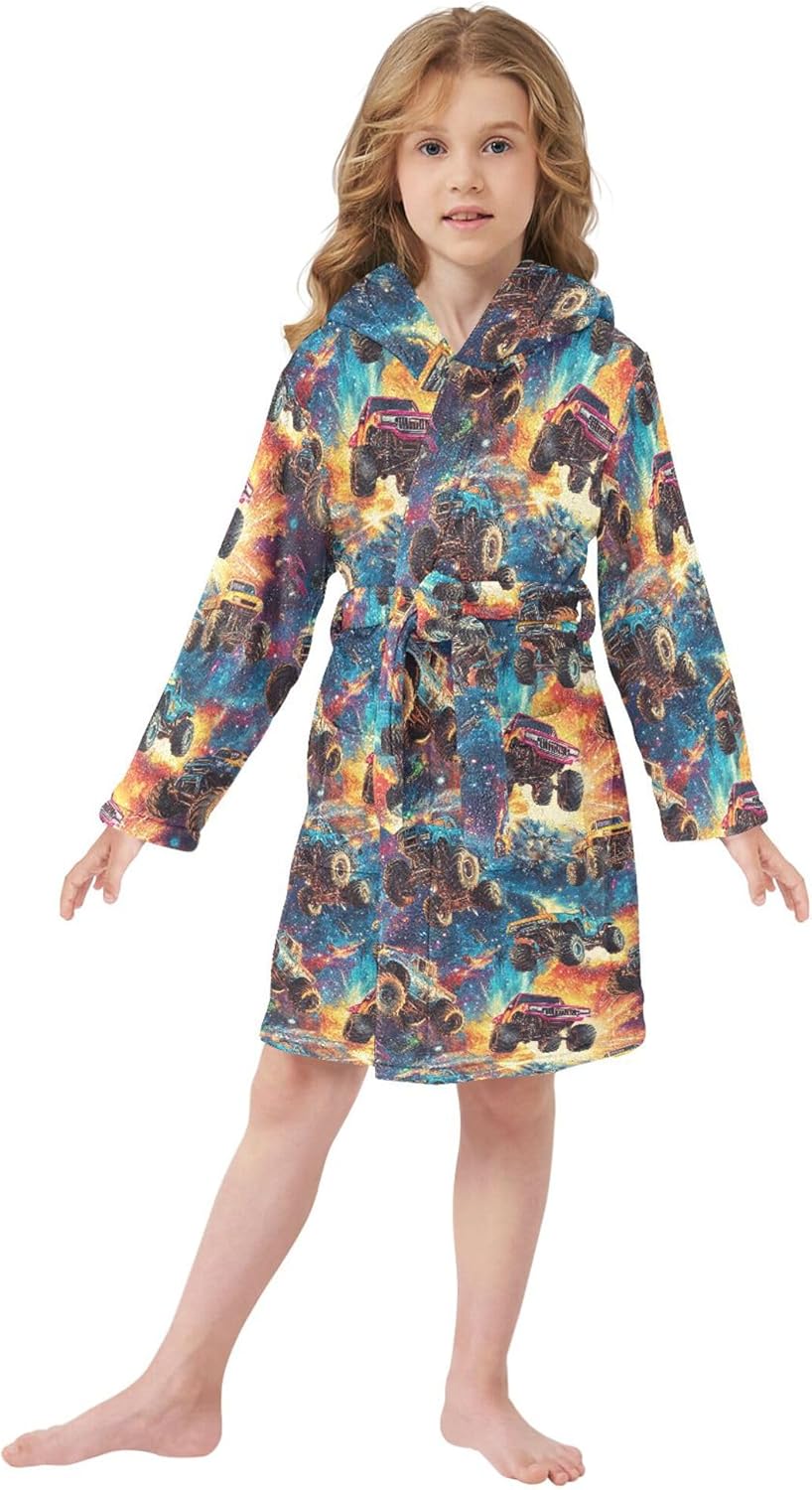 Monster Truck Cars Galaxy Space Bathrobe Hooded PJ Robe Soft Fleece Robe Sleepwear 2-12 Years