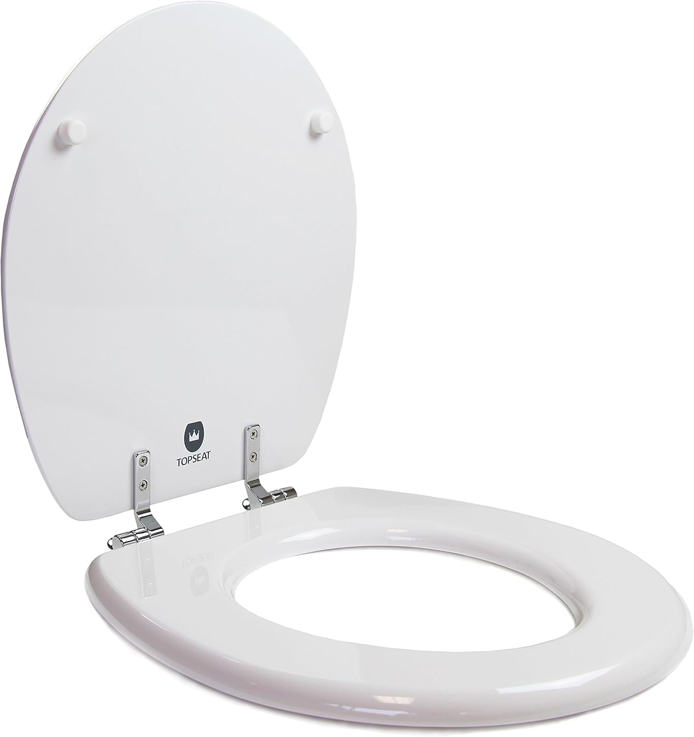 Round Toilet Seat w/Chromed Metal Hinges, Wood, White