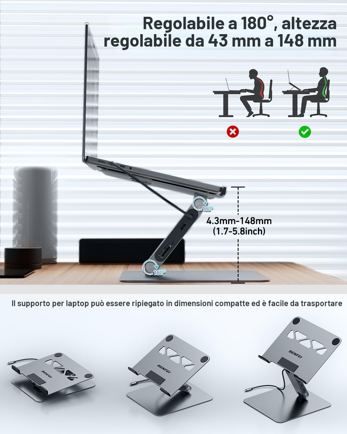 BENFEI Supporto per laptop con docking station USB-C 7in1, HDMI 4K@60Hz, 1*SD 1*Micro SD, 100W Power Delivery, 10Gbps 1*USBC 3.2 e 2*USBA 3.2 Compatibile con MacBook Pro/Air, iPad Pro, XPS, ThinkPad