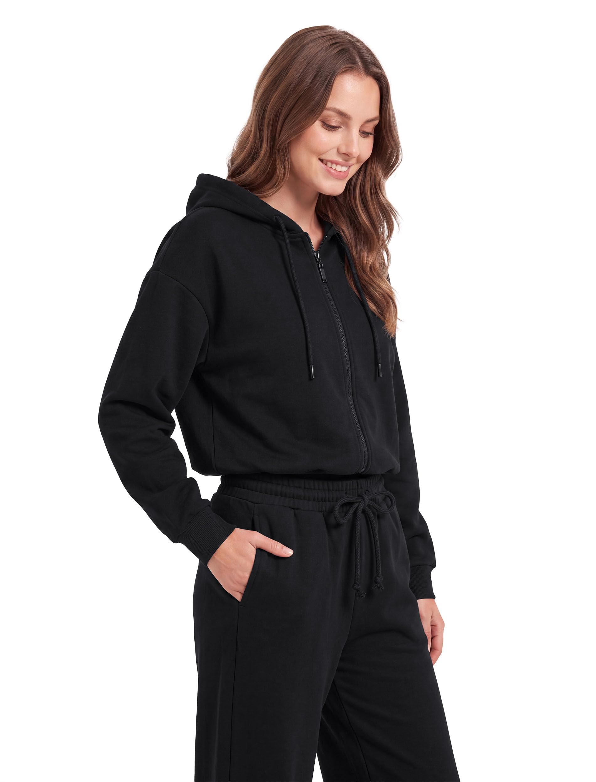 Vivisence 9009 Bluza rozpinana, czarny | krótszy krój, pełny suwak, gładka dzianina, długie rękawy, elastyczne ściągacze