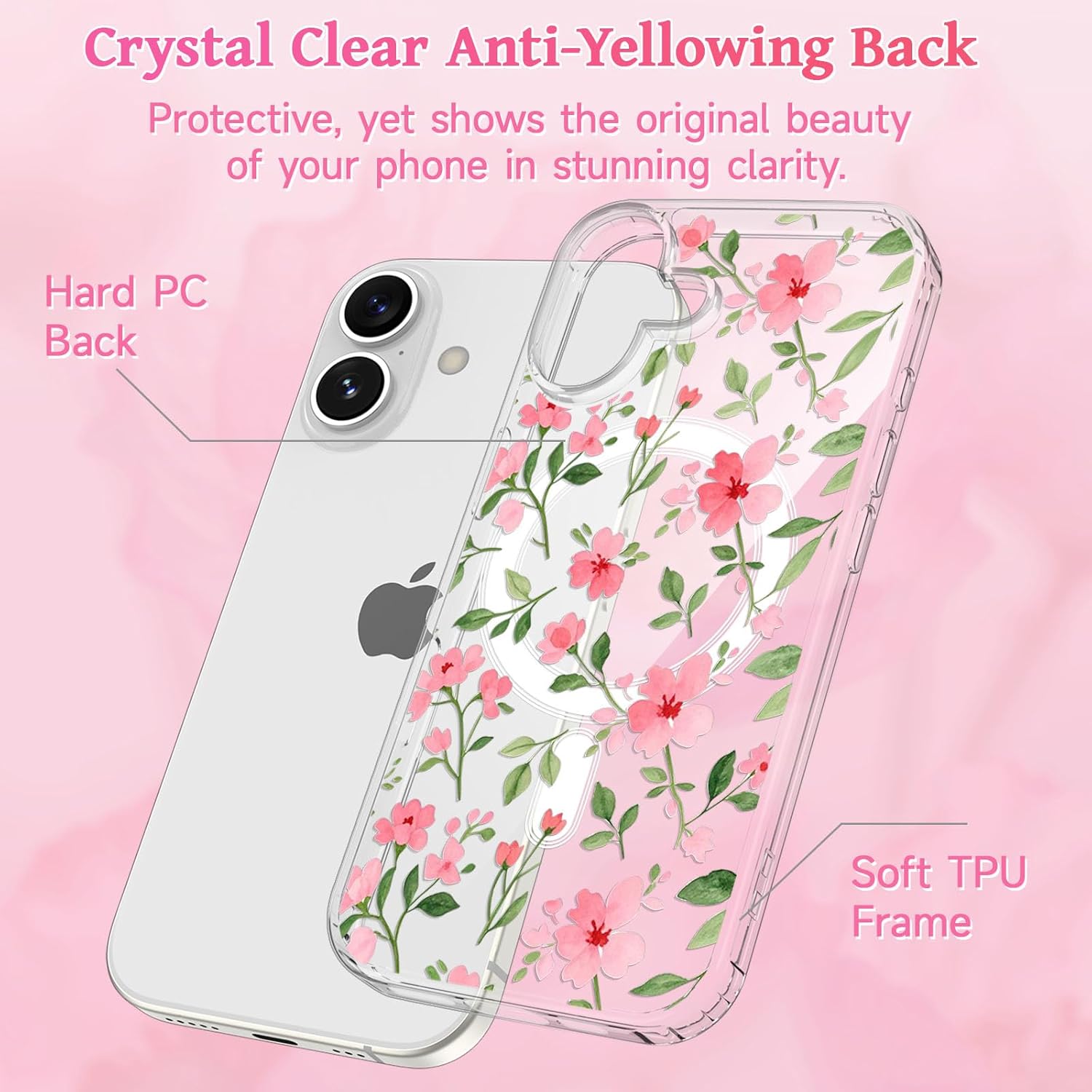 EYZUTAK Magnetic for iPhone 17 Case Flower Case Compatible with MagSafe, Pretty Floral Stylish Aesthetic Phone Cover Slim Clear Anti-Yellowing Protective Cover for Girls Women - Pink - Image 5