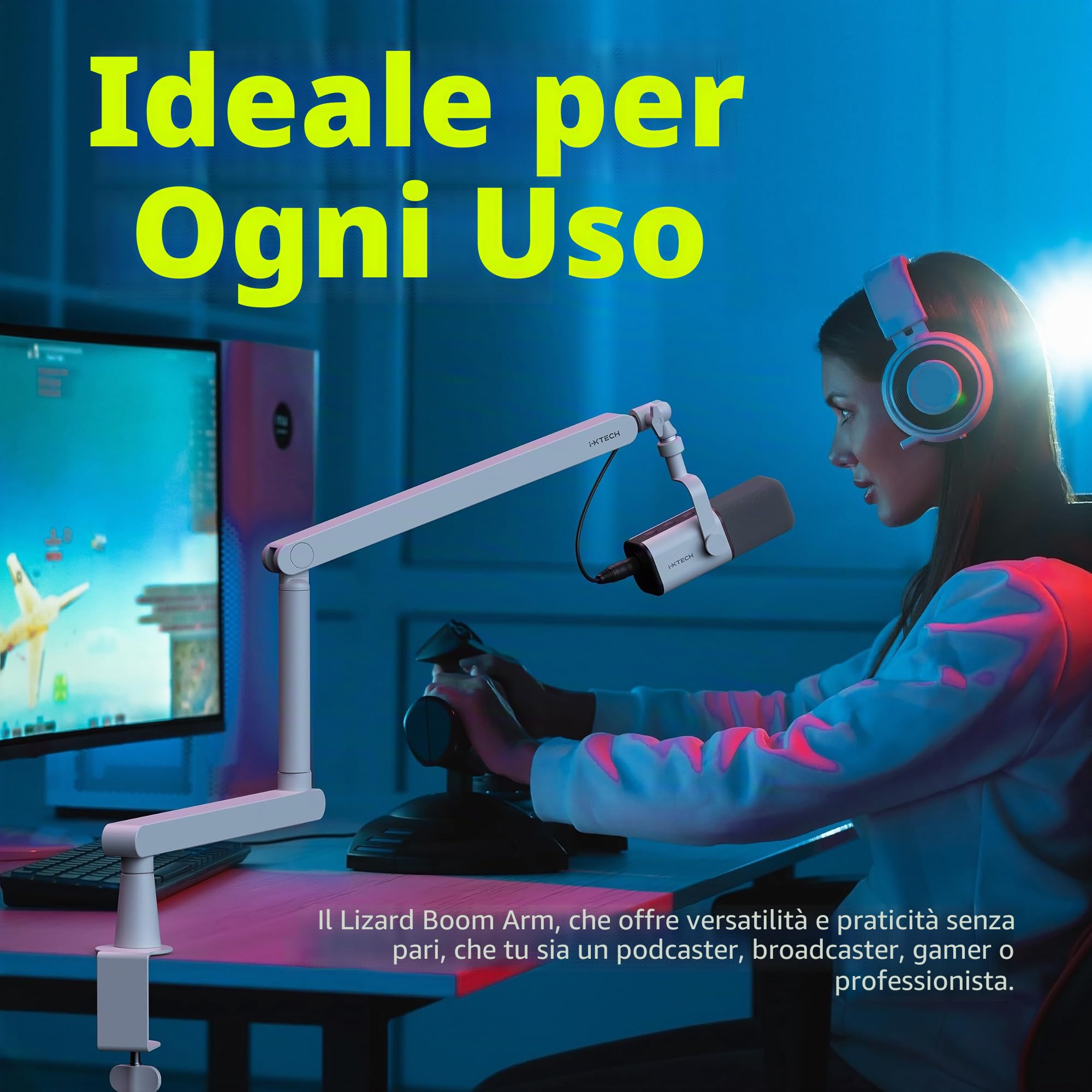IXTECH Braccio per microfono regolabile girevole a 360°, supporto per microfono a profilo basso con staffa universale completamente regolabile per professionisti, braccio boom per microfono