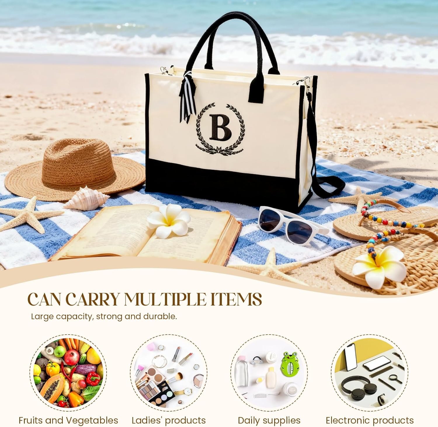 Personalized Canvas Tote Bag for Women Makeup Pouch Initial Beach Bag Removable Bottom Board for Travel Birthday