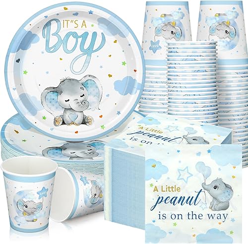 Vista 21 de Hushee Juego de 200 platos florales de papel para baby shower, servilletas, tazas, suministros de fiesta de baby shower, juego de vajilla desechable