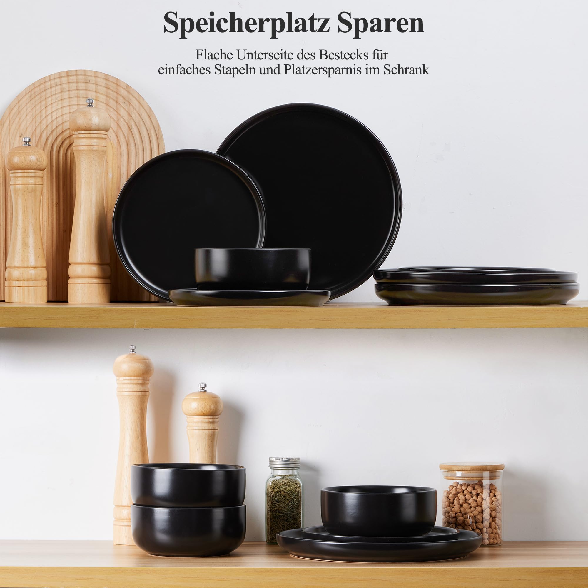 Joyfair Service de table pour 4 personnes, 12 pièces, en grès, émaillage réactif, avec assiettes plates, assiettes à dessert, bols à céréales, passe au micro-ondes et au lave-vaisselle, noir Abyssal