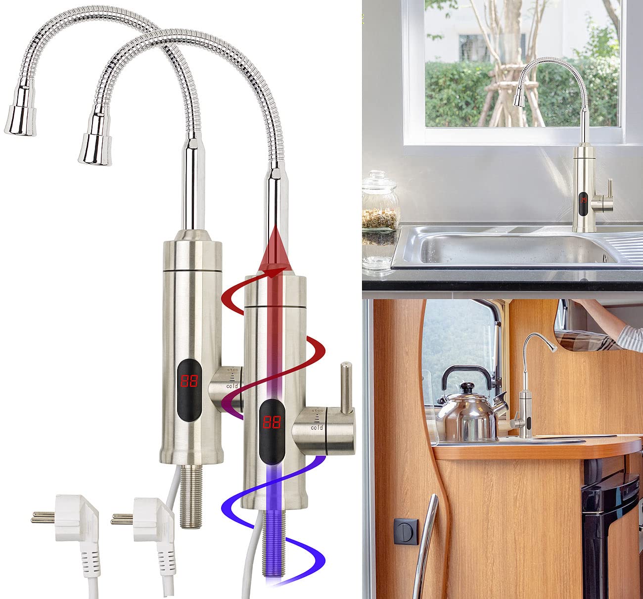 Rosenstein & Söhne Durchlauferhitzer Küche: 2er-Set 2in1-Edelstahl-Armatur & Durchlauferhitzer, Display, für 1/2" (Wasserhahn Küche, Mischbatterie, 230V)