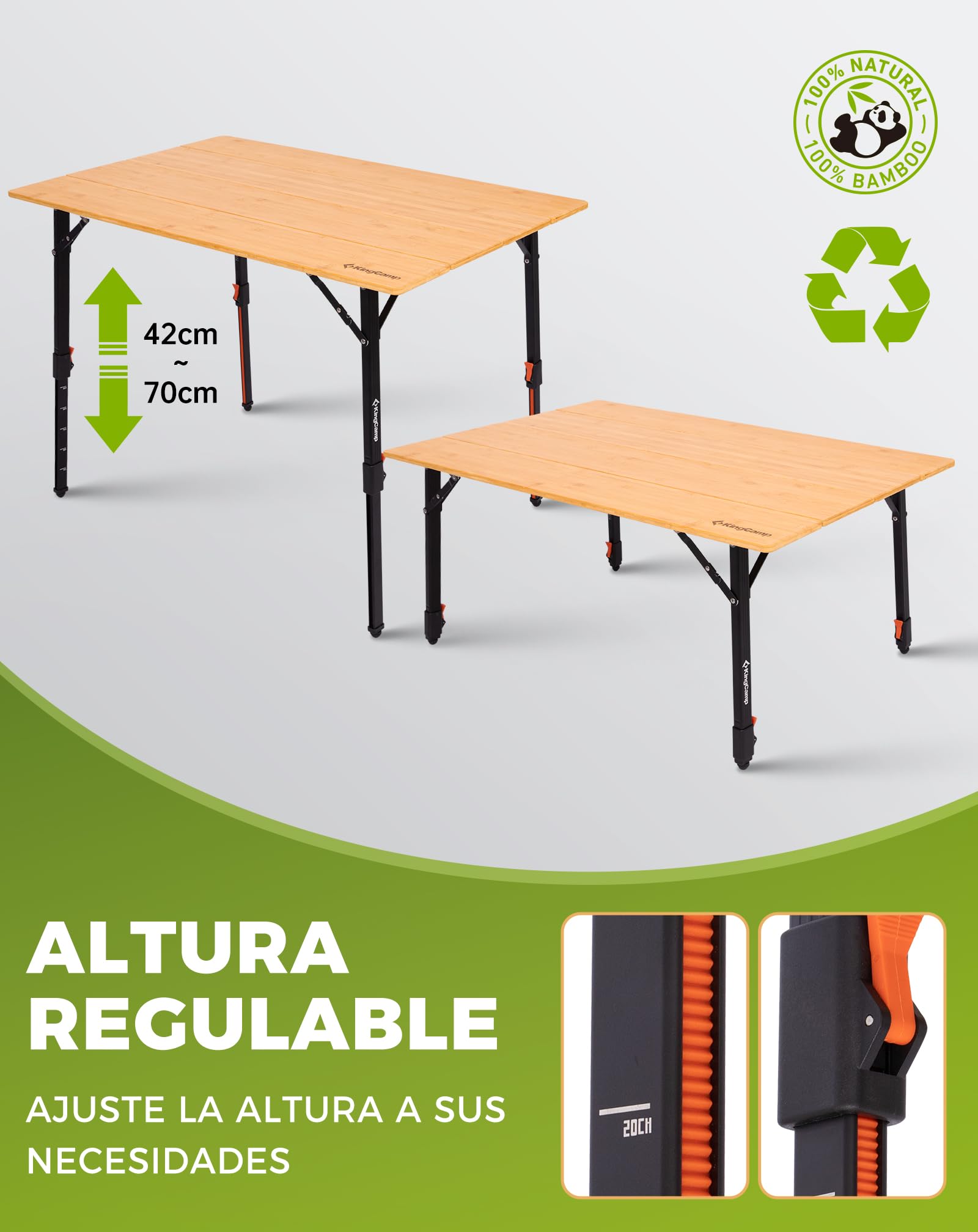 KingCamp Mesa de Camping Plegable de bambú Natural, Altura Ajustable (42-70 cm), Capacidad de Carga de 120 kg, Plegable Resistente para Camping, jardín y Picnic