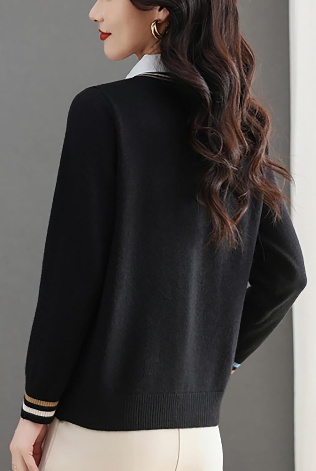 LAI MENG FIVE CATS Women's V-Neck Casual Collared 2 in 1 Pullover Top Long Sleeve Shirt Striped Contrast Blouse - Image 4