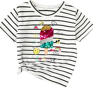 Girls' Summer Shirts Cute Tops Striped Short Sleeve T-Shirt Crew Neck Casual Tees 8-12 Year