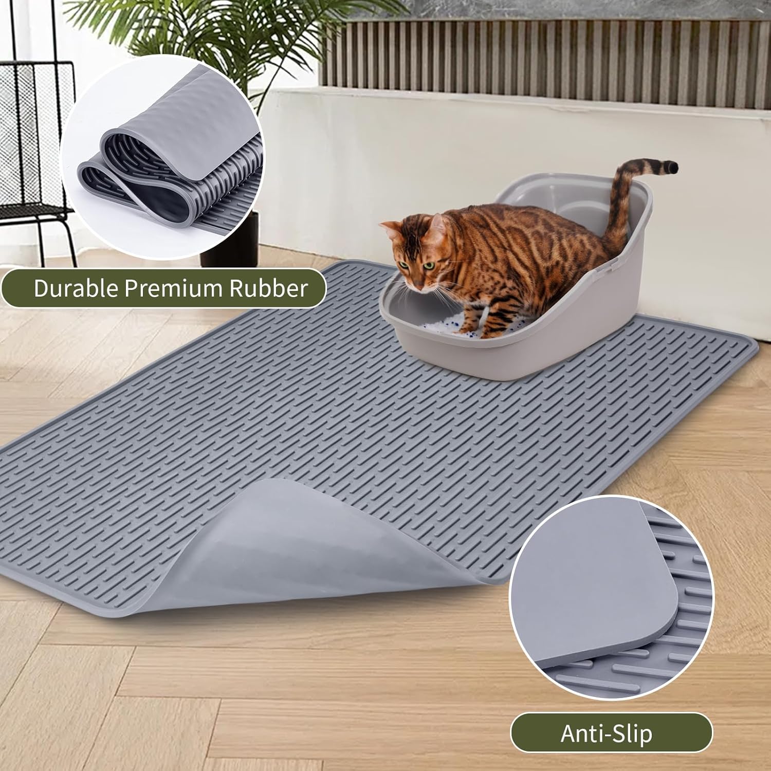 Rubber Cat Litter Mat, Indoor Kitty Litter Box Mat, Waterproof, Easy-to-Clean, Odorless, Textured Surface, Anti-Slip Design (XL:39" x 27")