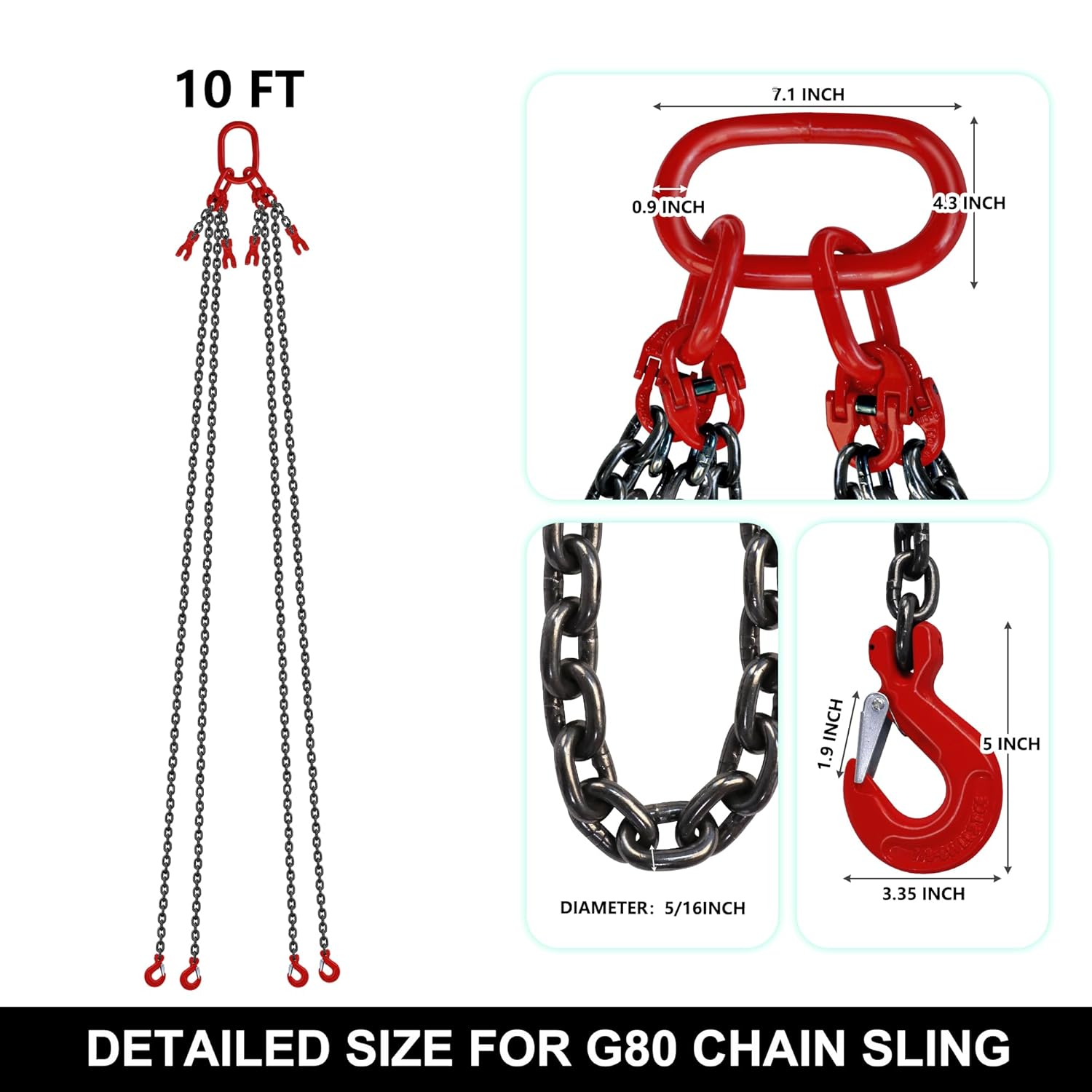SCIEO Chain Sling 5/16 Inch x 10 Ft Quad Leg Lifting Chain with 4 Leg Grab Hooks and Adjusters, G80 Heavy Duty Lift Sling Chains for Engine Hoist 5 Ton Capacity,10FT