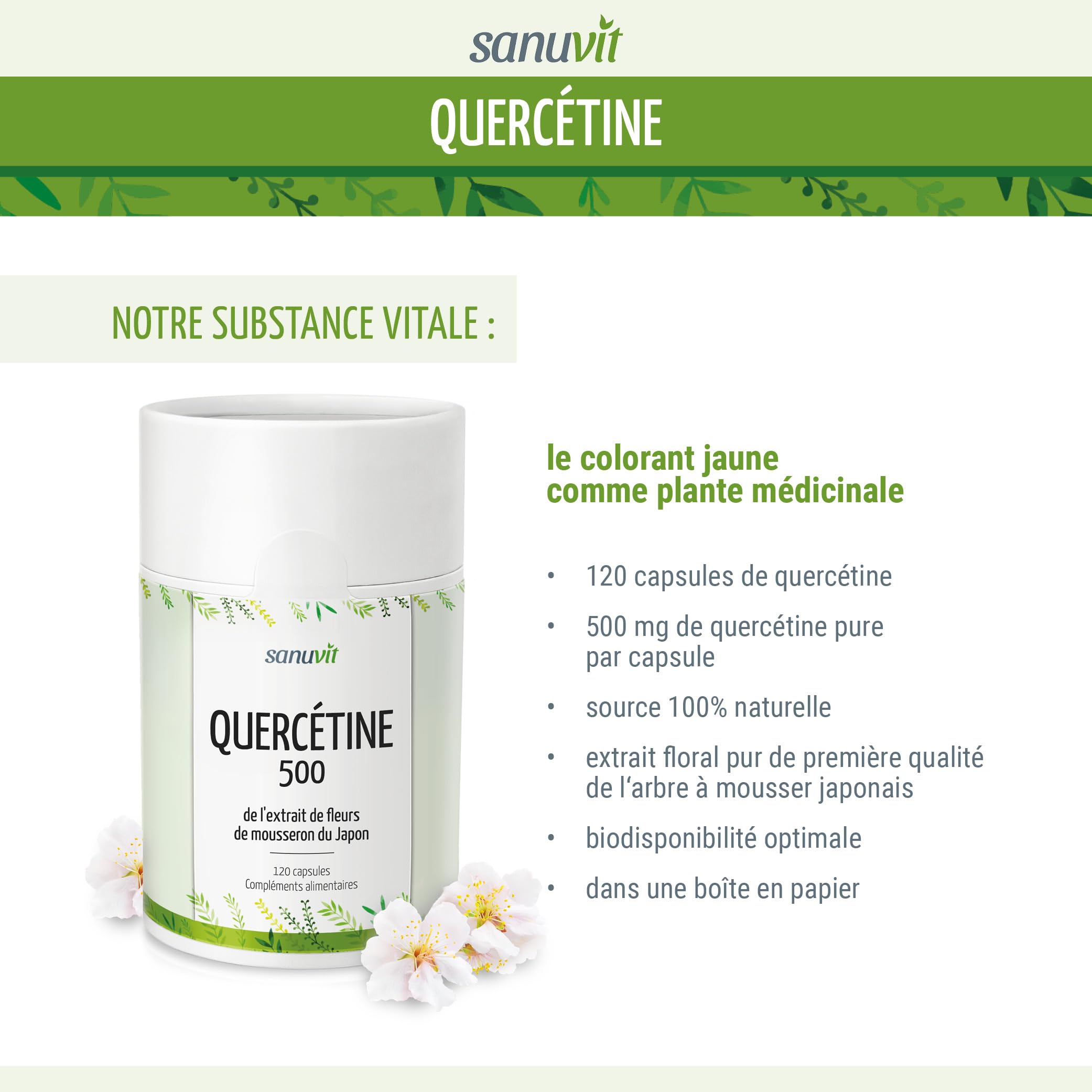 Sanuvit® - Quercétine 500 mg gélules | Dose élevée | Haute biodisponibilité et tolérance | Végétalien | 120 gélules