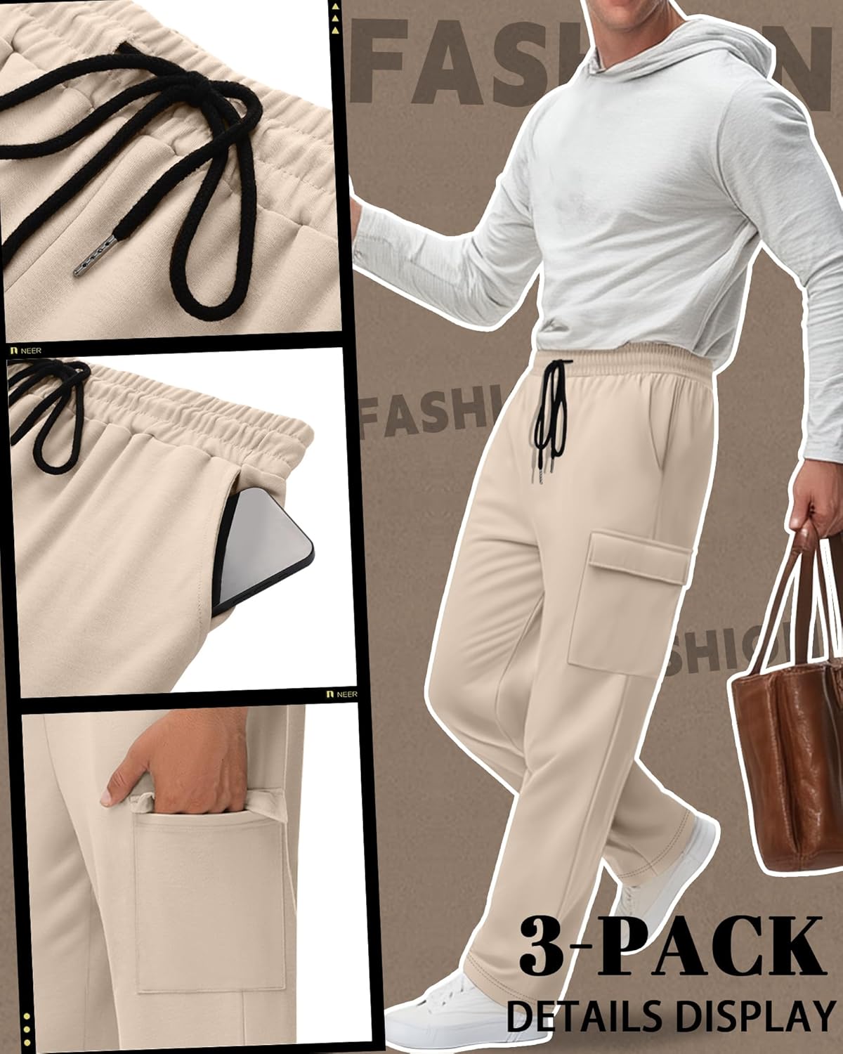 Neer 3 Pack Men's Baggy Cargo Sweatpants Open Bottom Joggers Straight Wide Leg Drawstring Lounge Pants with Pockets S to 3XL - Image 5