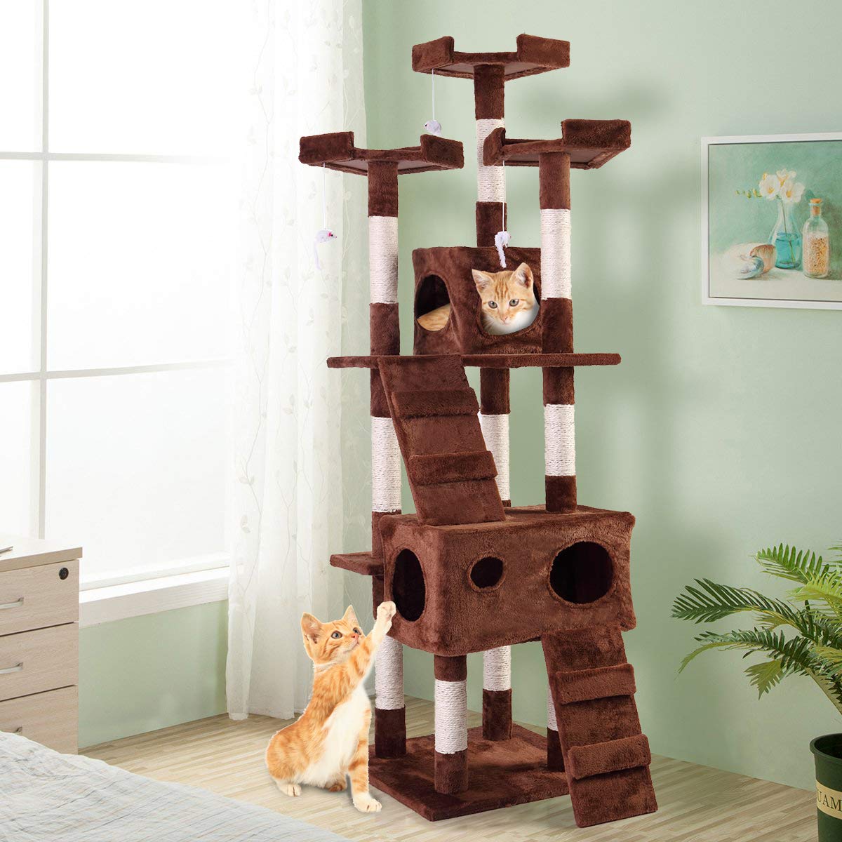 Sandinrayli 67" Pet Cat Tree Medium Tower Condo Play House Scratch Post Toy Mouse Brown