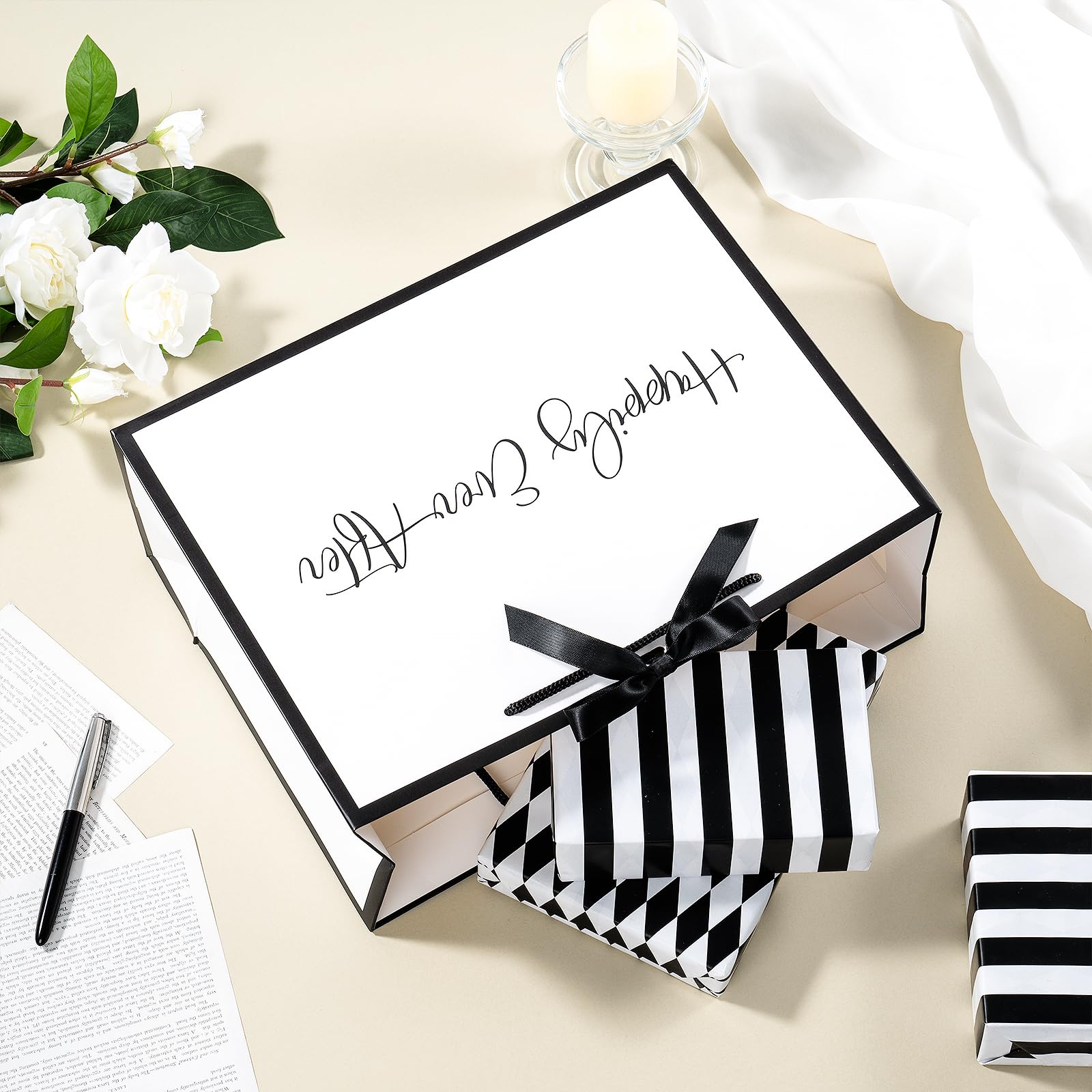 Loveinside 13" Large Wedding Gift Bag, White & Black Happily Ever After Elegant Script Design Party Bag with Bow Ribbon for Wedding, Bridal Shower, Engagement, Newlywed Gift, 13" x 5" x 10", 1 Pcs