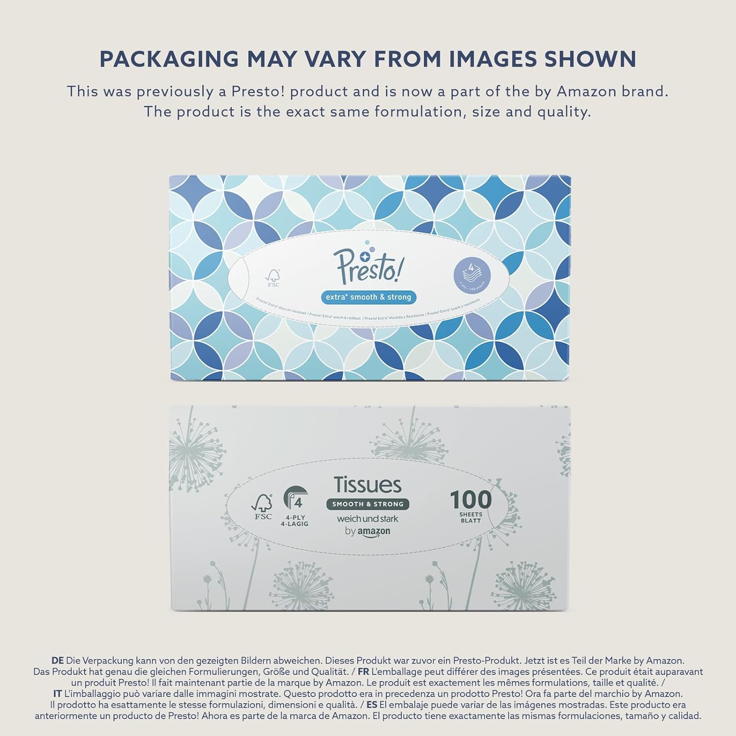 by Amazon Mouchoirs 4 épaisseurs, 1200 mouchoirs 100 % cellulose vierge, pack 12 boîtes, texture douce et résistante - Image secondaire