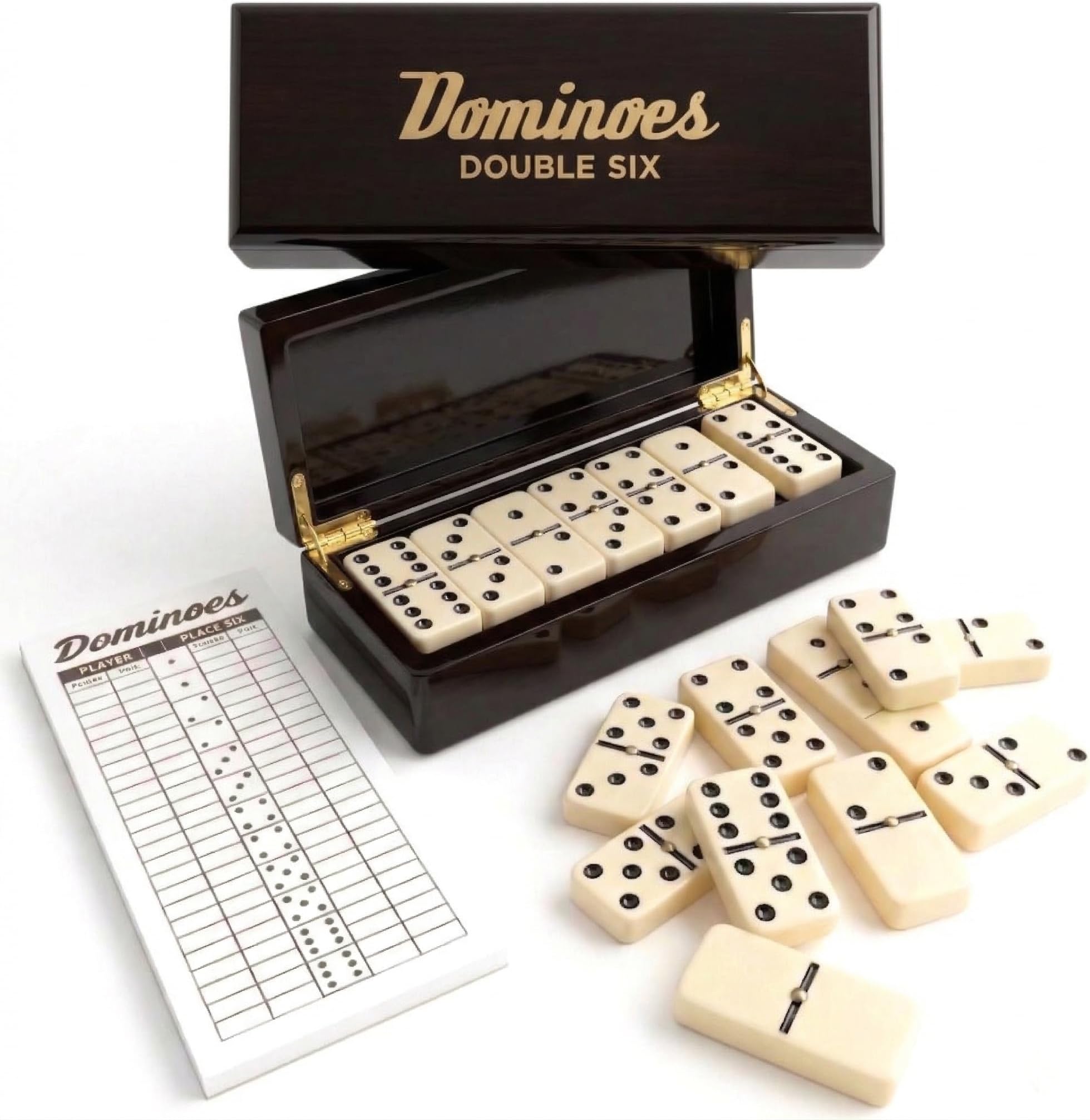 PRK 14 Double Six Dominoes Gift Set – 28 Tiles with Spinners in Premium Wooden Storage Box – Classic Domino Set for Adults with Score Pad – Family Night & Collector Edition