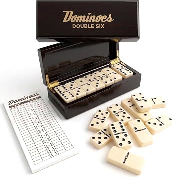PRK 14 Double Six Dominoes Gift Set 28 Tiles with Spinners in Premium Wooden Storage Box Classic Domino Set for Adults with Score Pad Family Night & Collector Edition
