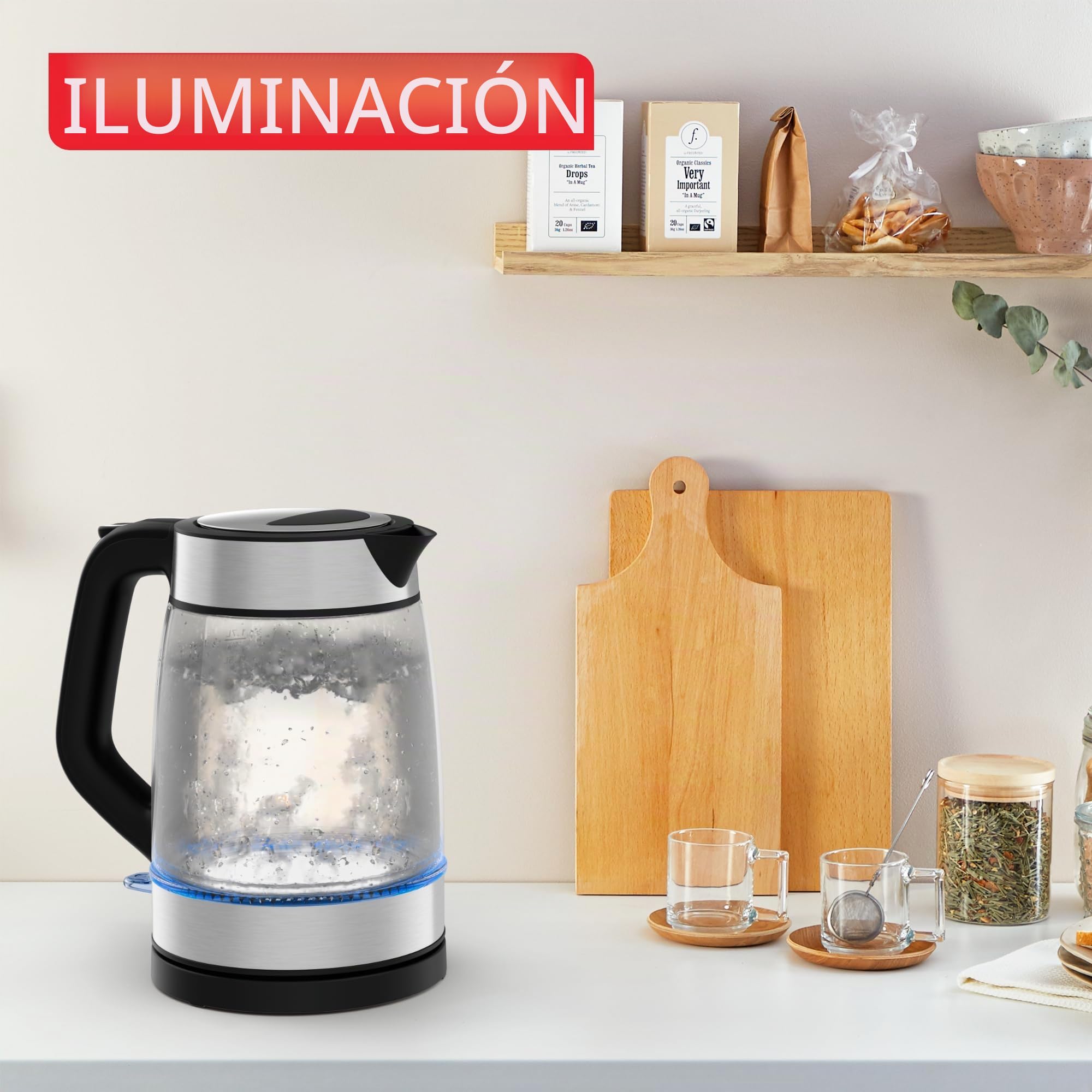 Tefal KI6058 Glass Kettle, hervidor eléctrico, marcas de medición, capacidad de 1,7 litros, fácil de limpiar, negro