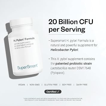 Supersmart H. Pylori Formula 20 Billion CFU per Day - Natural Probiotic Lactobacillus Reuteri DSM 17648 Supplement | Non-GMO & Gluten Free - 60 Vegetarian Capsules