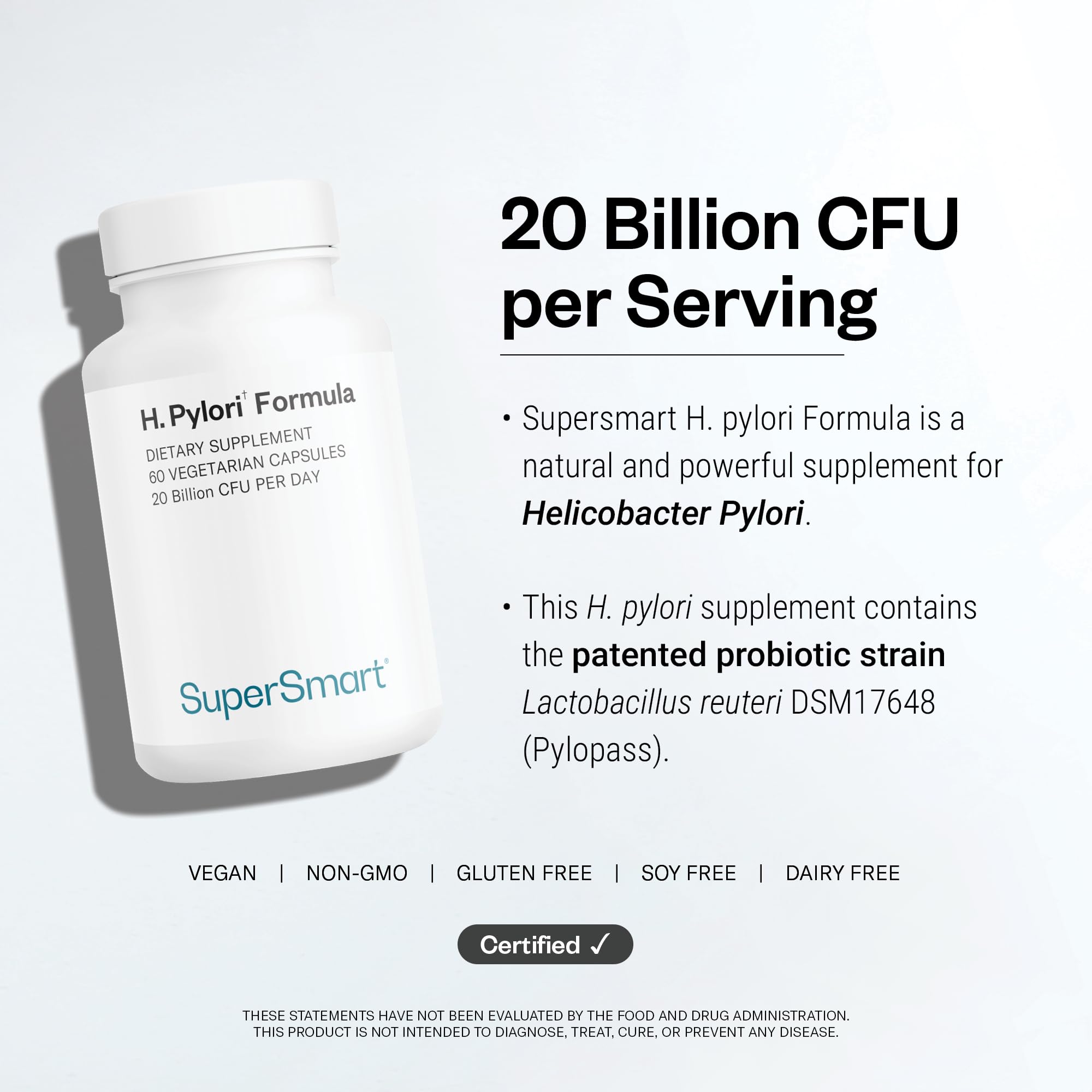 Supersmart H. Pylori Formula 20 Billion CFU per Day - Natural Probiotic Lactobacillus Reuteri DSM 17648 Supplement | Non-GMO & Gluten Free - 60 Vegetarian Capsules — Amazon image 5