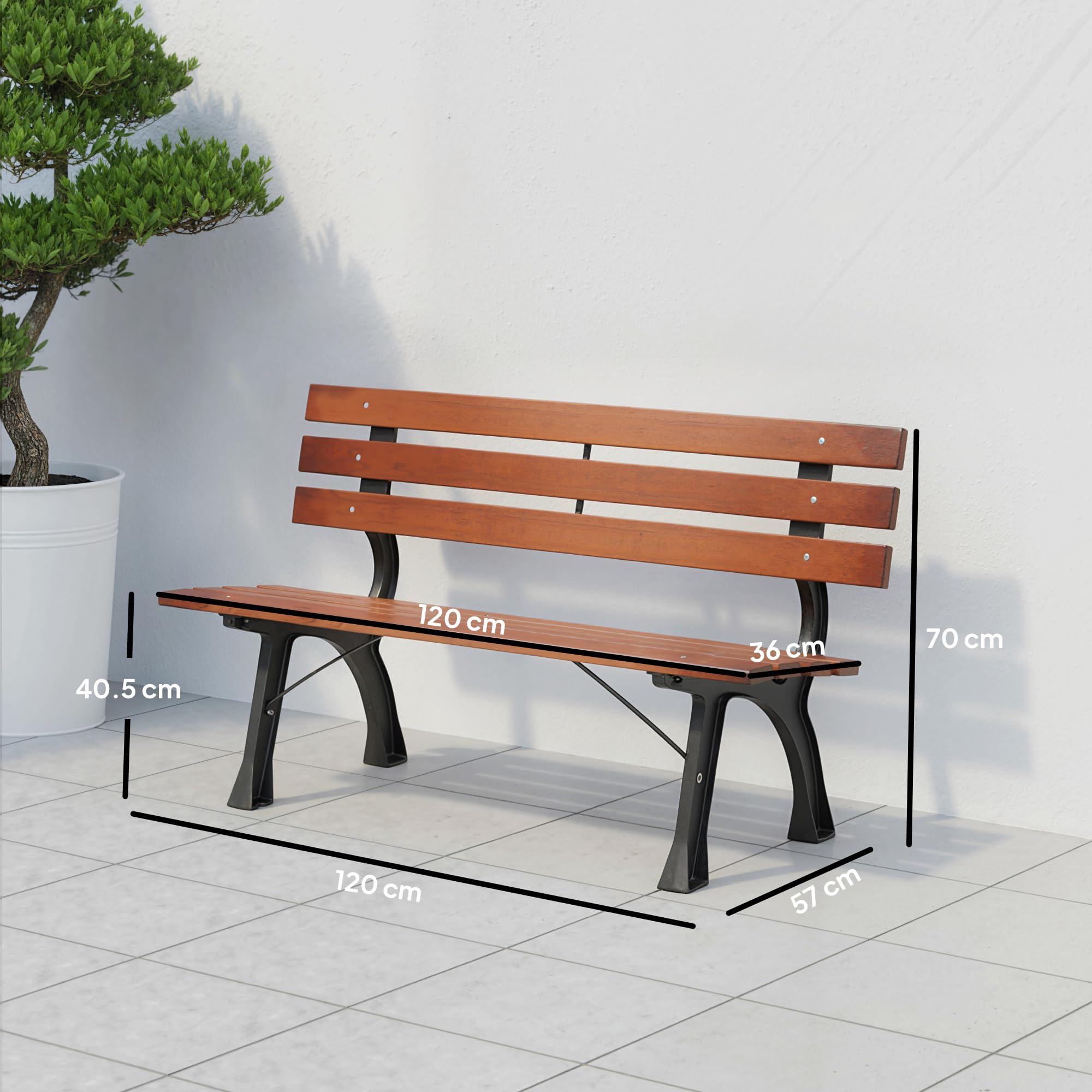 Outsunny Panchina da Giardino da 2 Posti, Panchina da Esterno a Doghe in Ghisa e Legno di Abete, Panca per Terrazza e Cortile, 120x57x70 cm, Caffè