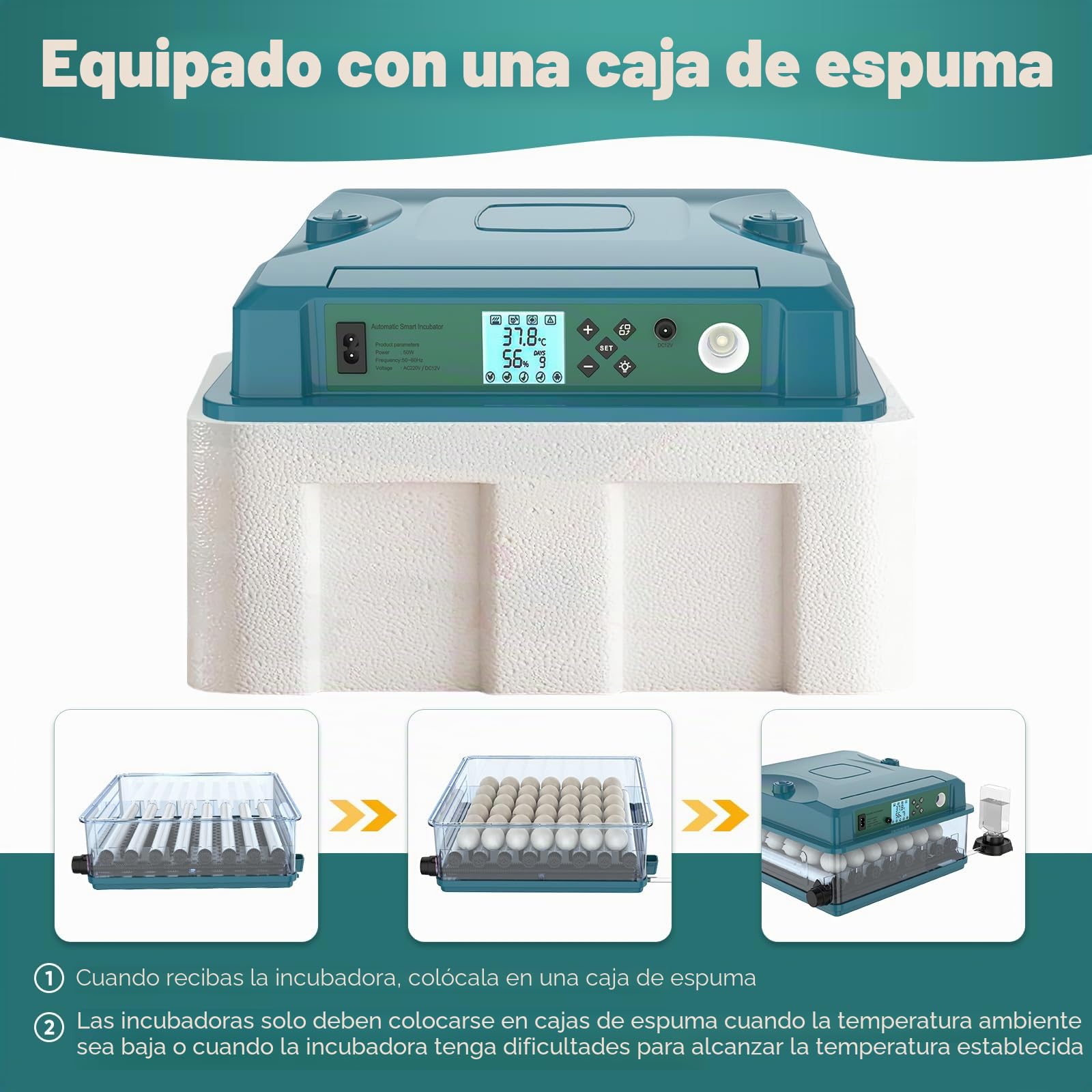 Incubadora automática para 36 huevos, 4 modos automáticos, Incubadora eléctrica - Volteo automático y suministro automático de agua - Control inteligente de temperatura - Doble alimentación (B)