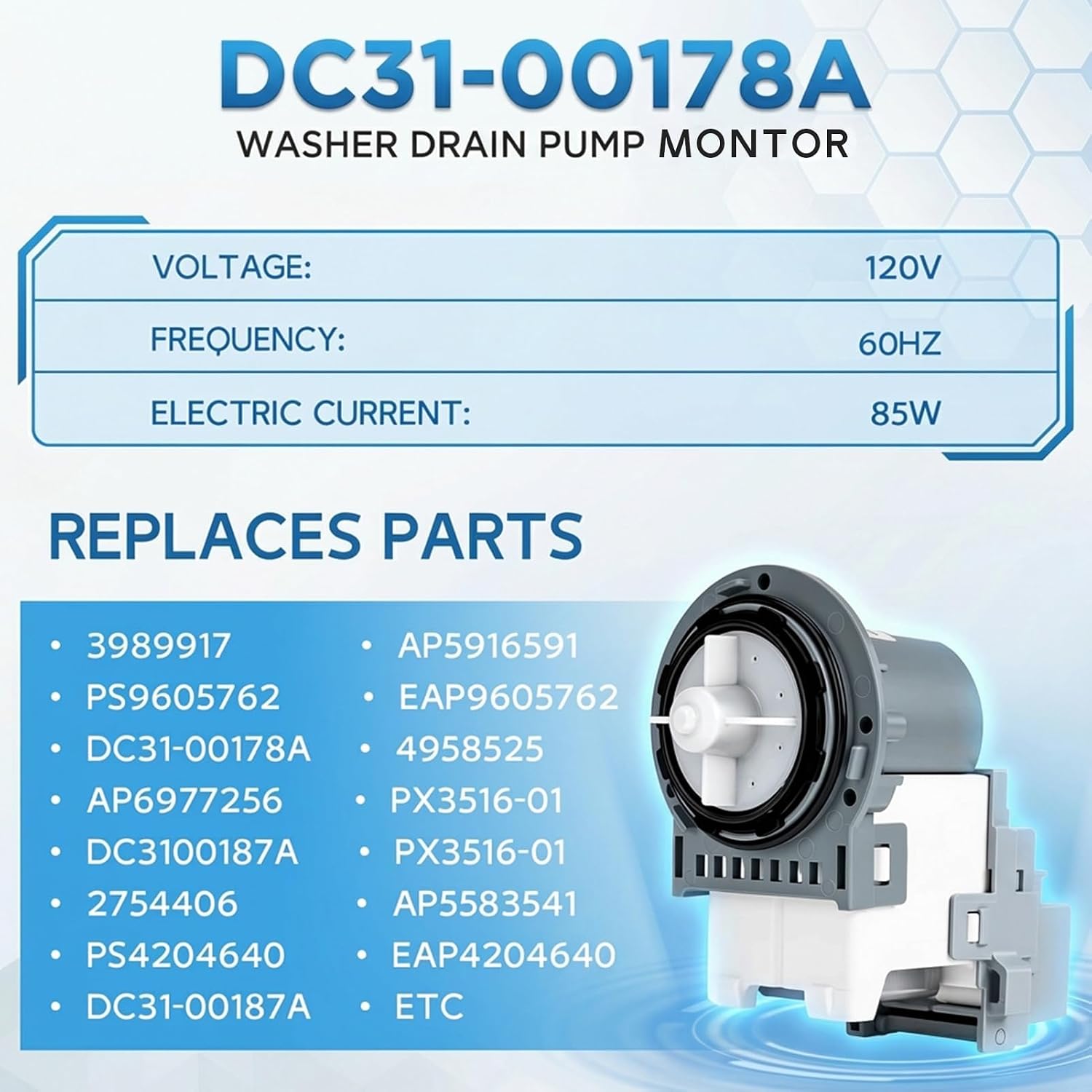 DC31-00178A PX3516-01 Washer Drain Pump for Sumsung, Replaces DC31-00187A DC97-19289F DC31-00178D B35-3a DC97-20621A PX3516-01