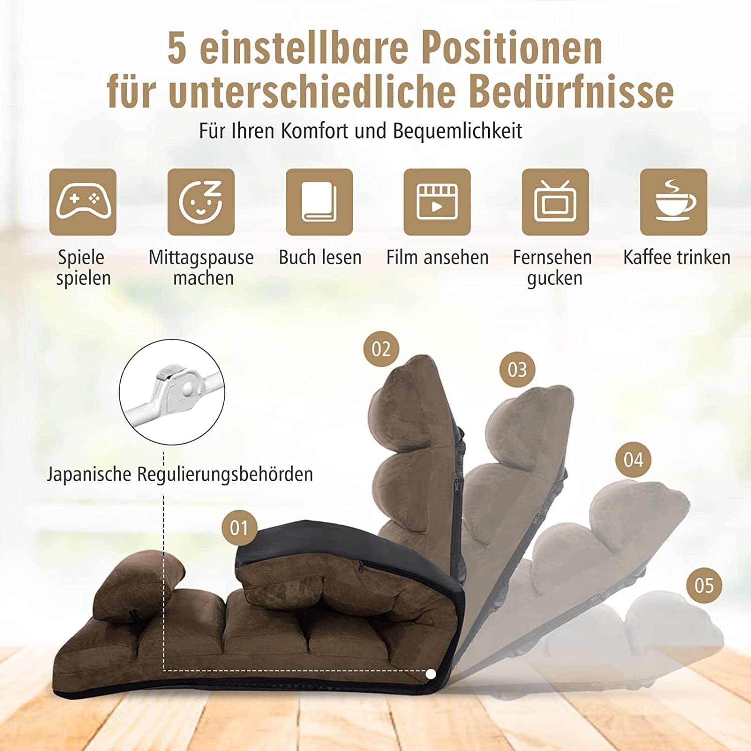 RELAX4LIFE Relaxliege, Bodenliege 5-Fach Einstellbar, Bodenstuhl Faltbar, Relaxsessel mit Kissen, Liegesessel mit Schlaffunktion, bis 120kg belastbar, Klappsessel für Schlafen & Lesen (Braun)