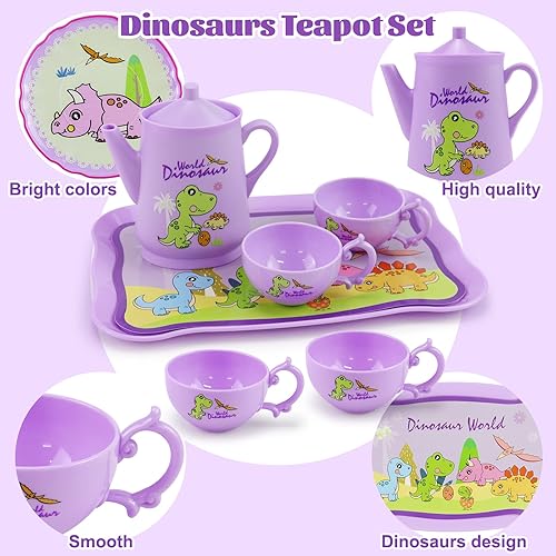 Miniatura 4 de Motiloo - Juego de 41 piezas de dinosaurios para fiesta de té para niños con estuche de transporte y juego de golosinas para niñas pequeñas - Juego
