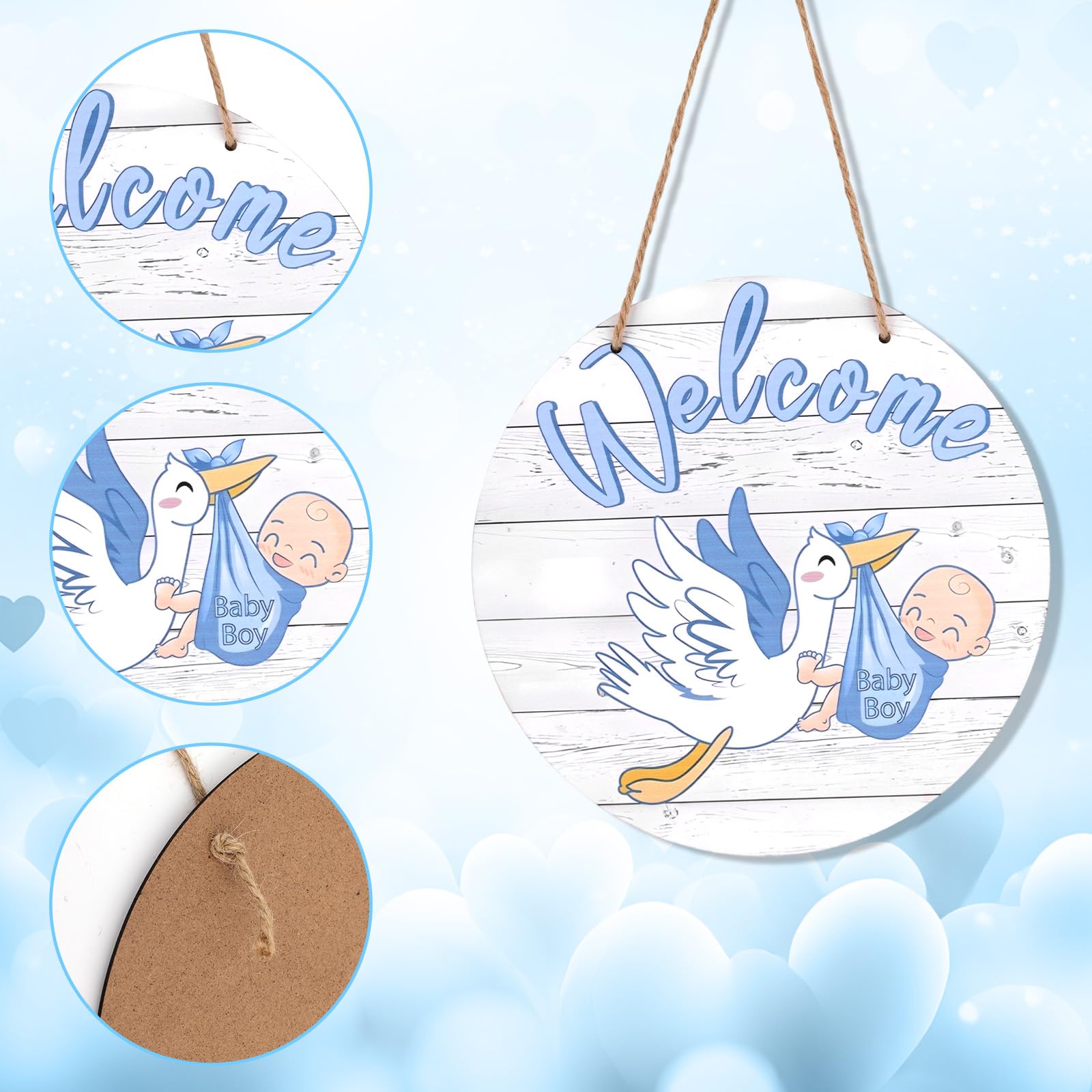 Tabliczka Powitalna dla Dziecka, Wiszący Drewniany Wieniec z Płci Dziecka Tablica Informacyjna o Narodzinach Noworodka Wystrój Pokoju Dziecięcego na Baby Shower (Chłopiec, Niebieski)