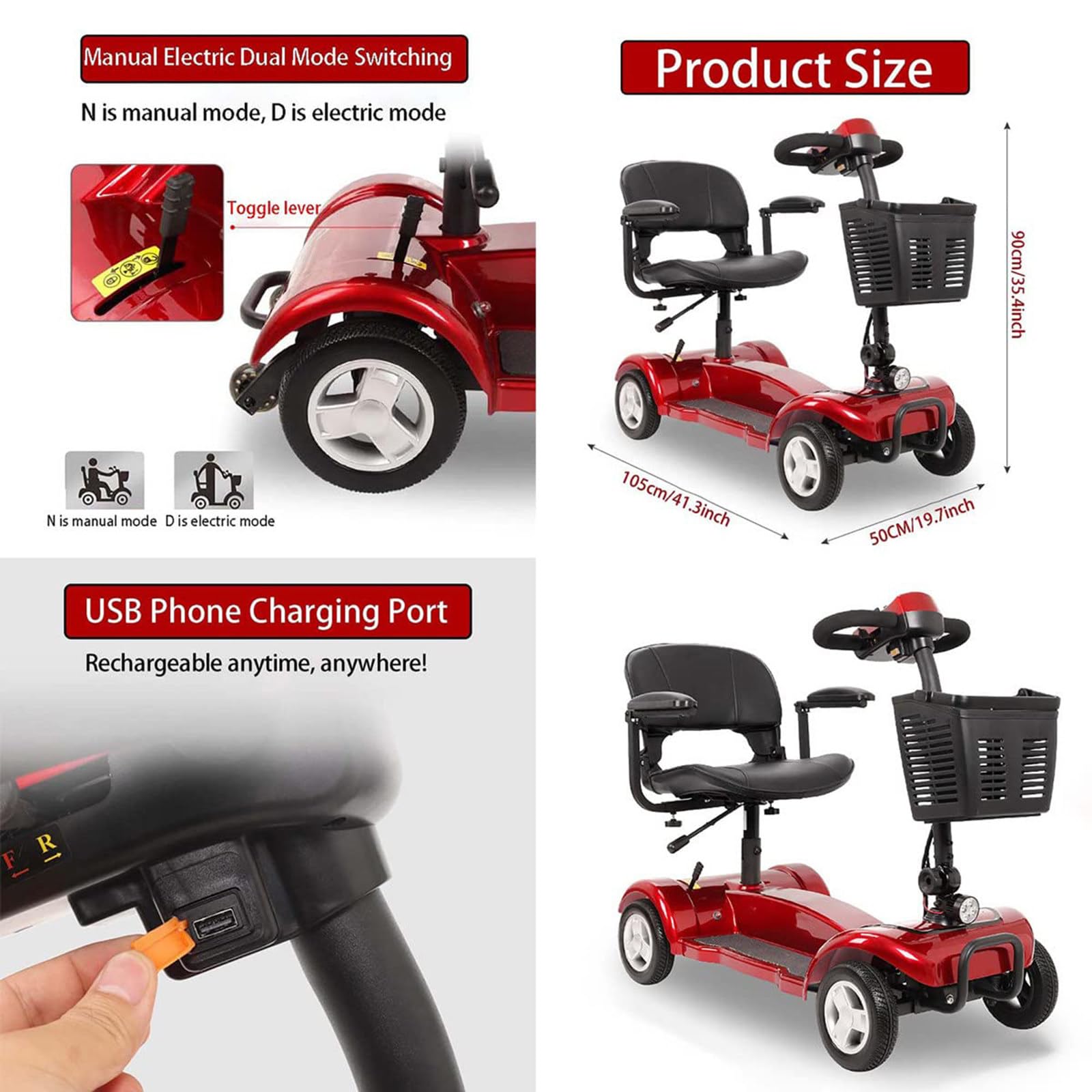 Scooter électrique 4 roues (charge 200 kg) - Siège pivotant à 360° (hauteur réglable), 8 roues + phare LED, poignée anneau + frein électromagnétique, pour personnes âgées, handicapées, adultes, blan