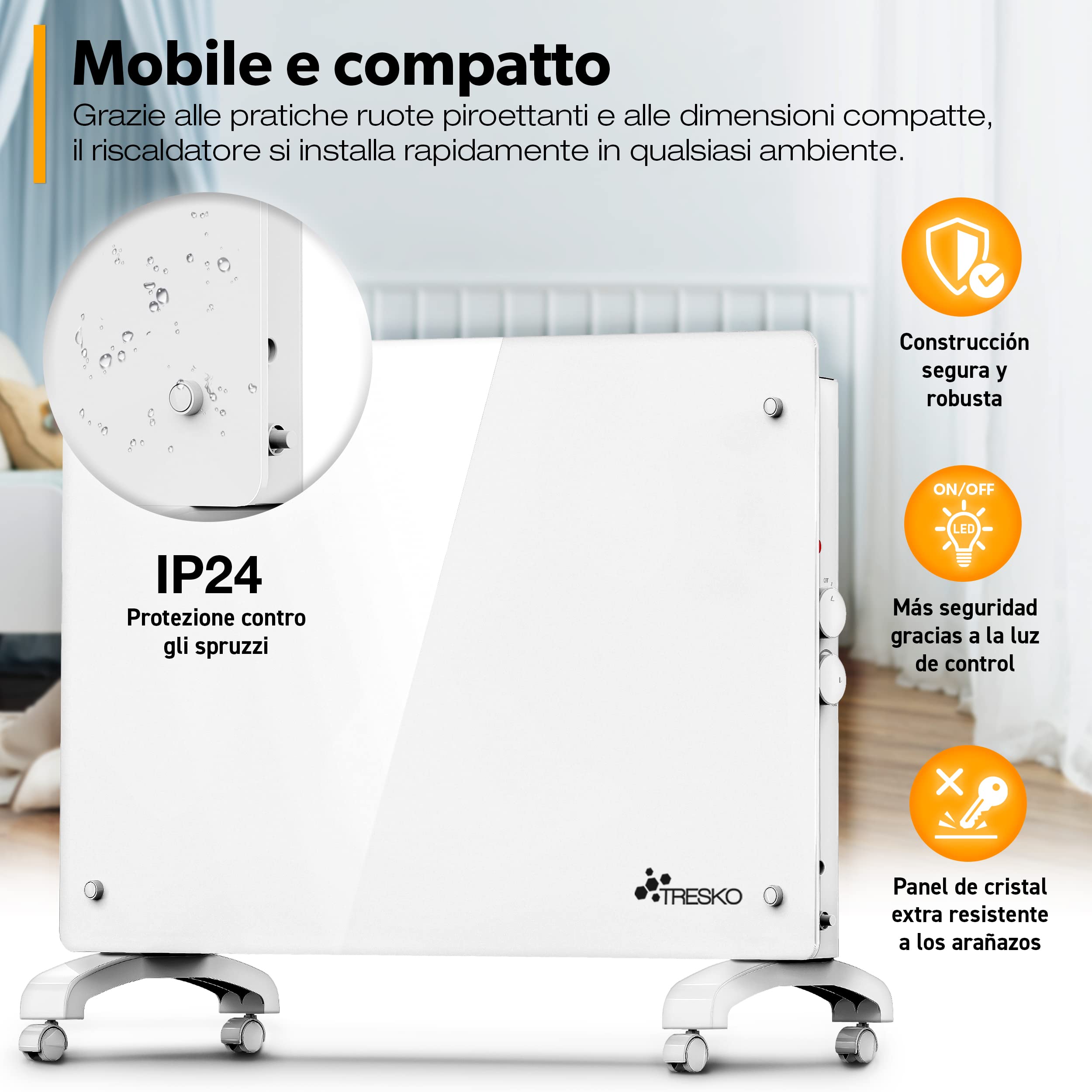 TRESKO Stufa Elettrica Basso Consumo Bianco 1500W | Stufa Elettrica basso consumo | Termoconvettore con Rotelle | Termosifone Elettrico Portatile | Termoconvettore a Parete con Termostato per Casa