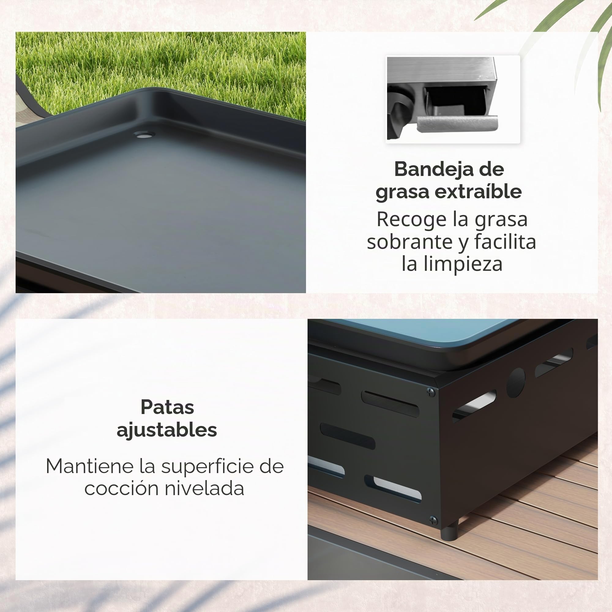 Outsunny Plancha de gas de acero inoxidable esmaltado placa de cocción 4 quemadores 9,6 kW antiadherente gran superficie de cocción 73 x 34 cm, transportable