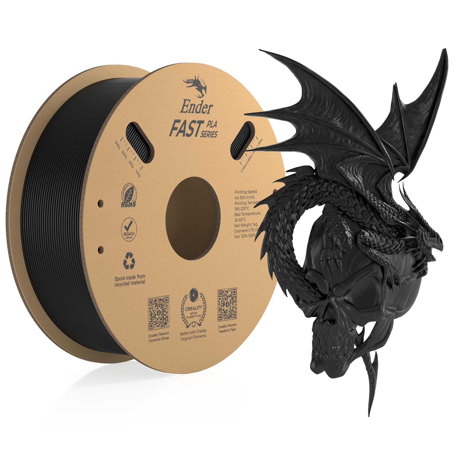 Creality Fast PLA Filament, Filamento Nero 1,75 mm Fast PLA 1kg, Filamento PLA per Stampanti 3D Precisione Dimensionale +/- 0,03 mm, Materiali di Stampa 3D per la Maggior Parte Delle Stampanti 3D