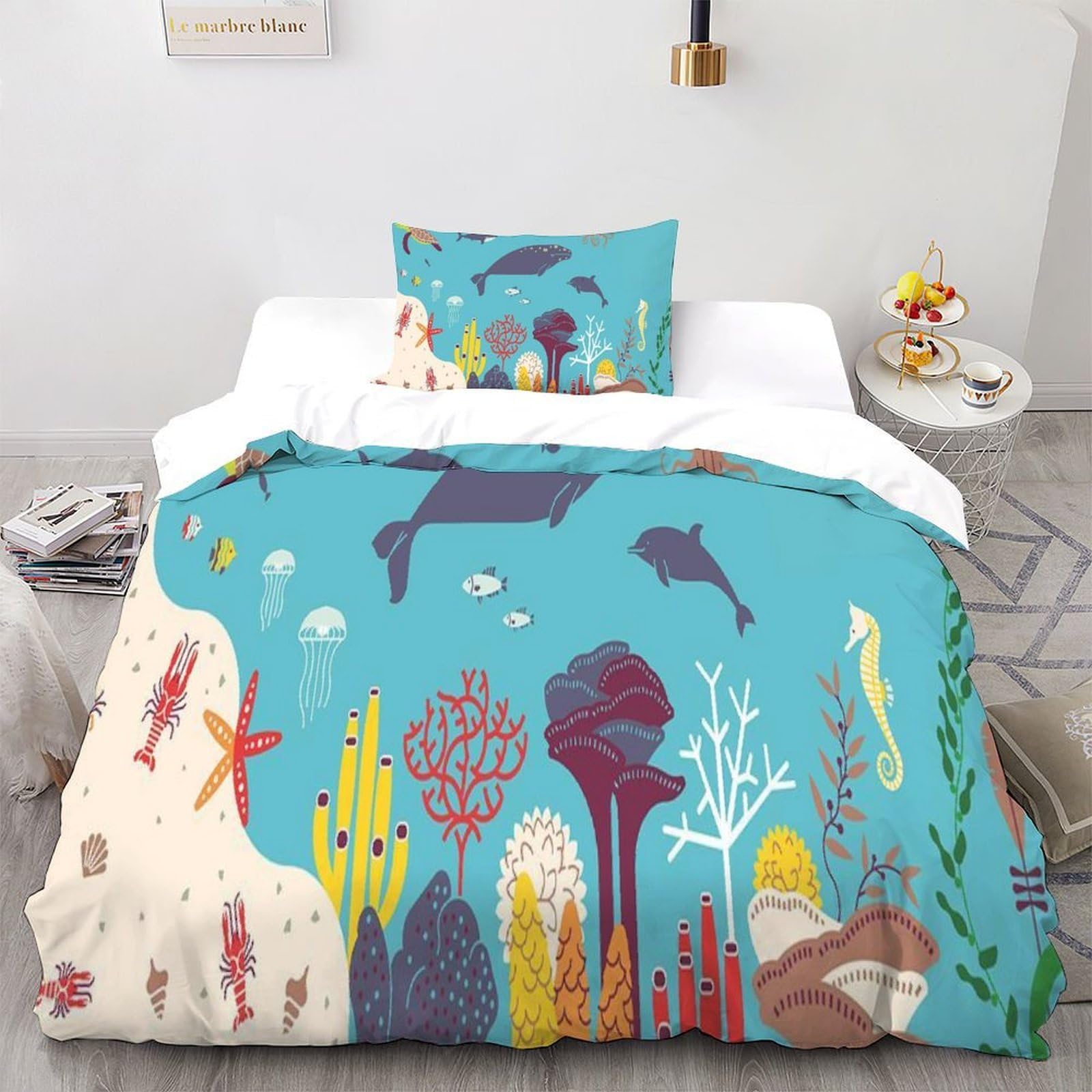 Fish Bedding Set Theme Bedspread Animal Theme Duvet Cover Set Chic Breathable Comforter Cover for Boys&Girls with Pillowcase Single（135x200cm）