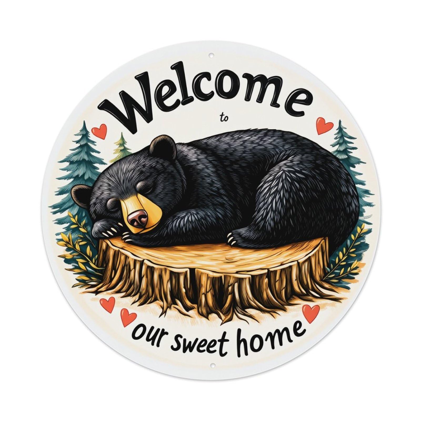 Bear Sleeping On Stump With Trees Round Tin Sign Vintage Metal Poster, Home Bar Garage Man Cave Cafe Indoor & Outdoor Wall Decoration 8x8Inches