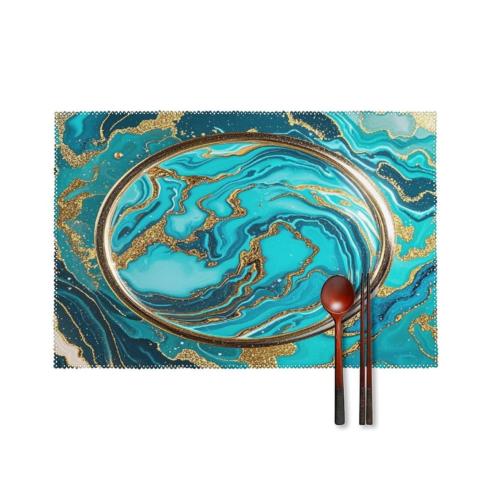 Turquoise Blue Gold Marble Placemats Set of 4 Heat Resistant Non-Slip Place Mats Wipeable Easy to Clean Table Mats for Kitchen Dining Party Outdoor Placemats