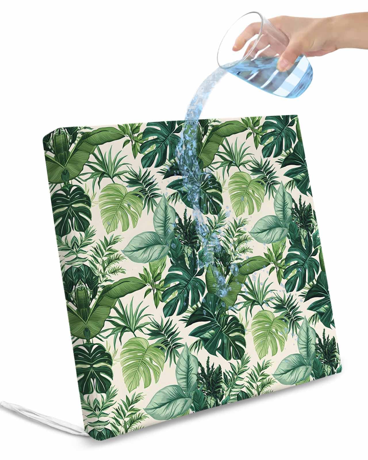 2 Pack Green Palm Leaf Waterproof Cushion Covers with Ties, Outdoor Patio Chaise Lounge Chair Seat Cushion Slip Covers Replacement(Only Cover) Summer Leaves Watercolor 20