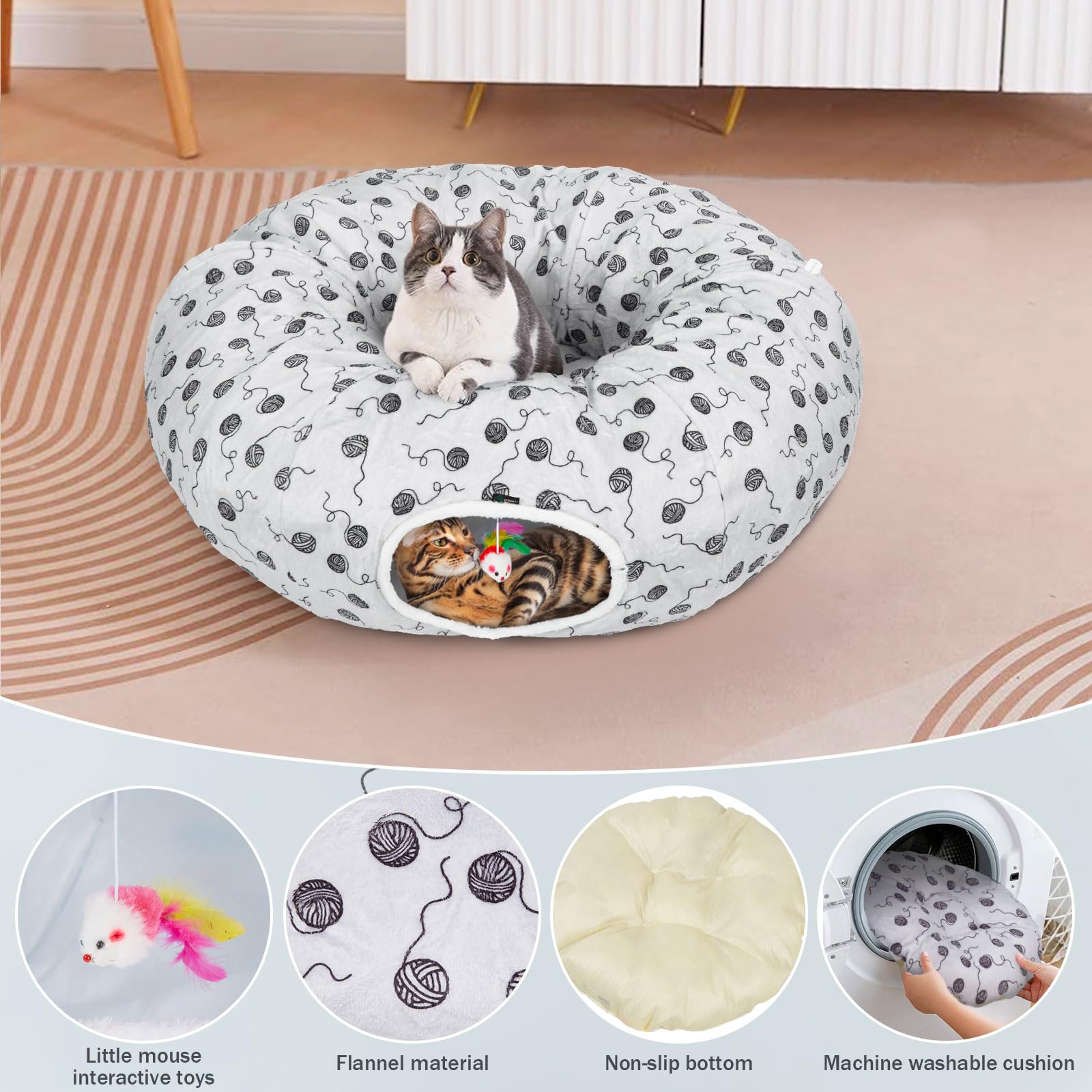Ownpets Lit tunnel 3 en 1 pour chat avec tapis central, 30 cm, jouet en forme de beignet, matériau en peluche douce, forme de pleine lune pour chaton, chat, chiot, lapin, furet, gris