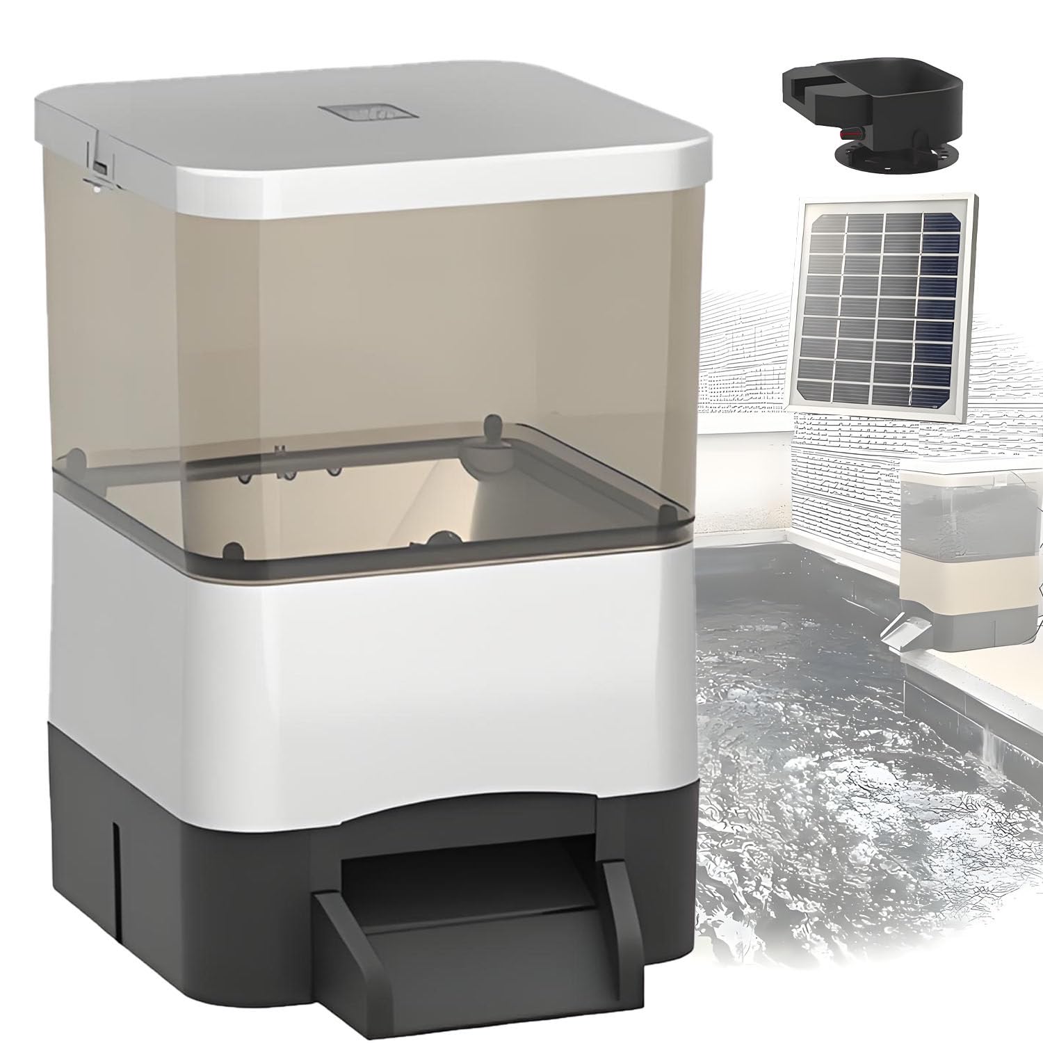 BOOZXCV Solar-Powered Automatic Fish Feeder with Timer, 120° Wide Dispersion, Large Capacity for Aquariums, Koi, Goldfish & Outdoor Ponds - Easy Fish Food Dispenser (Silver 10L)
