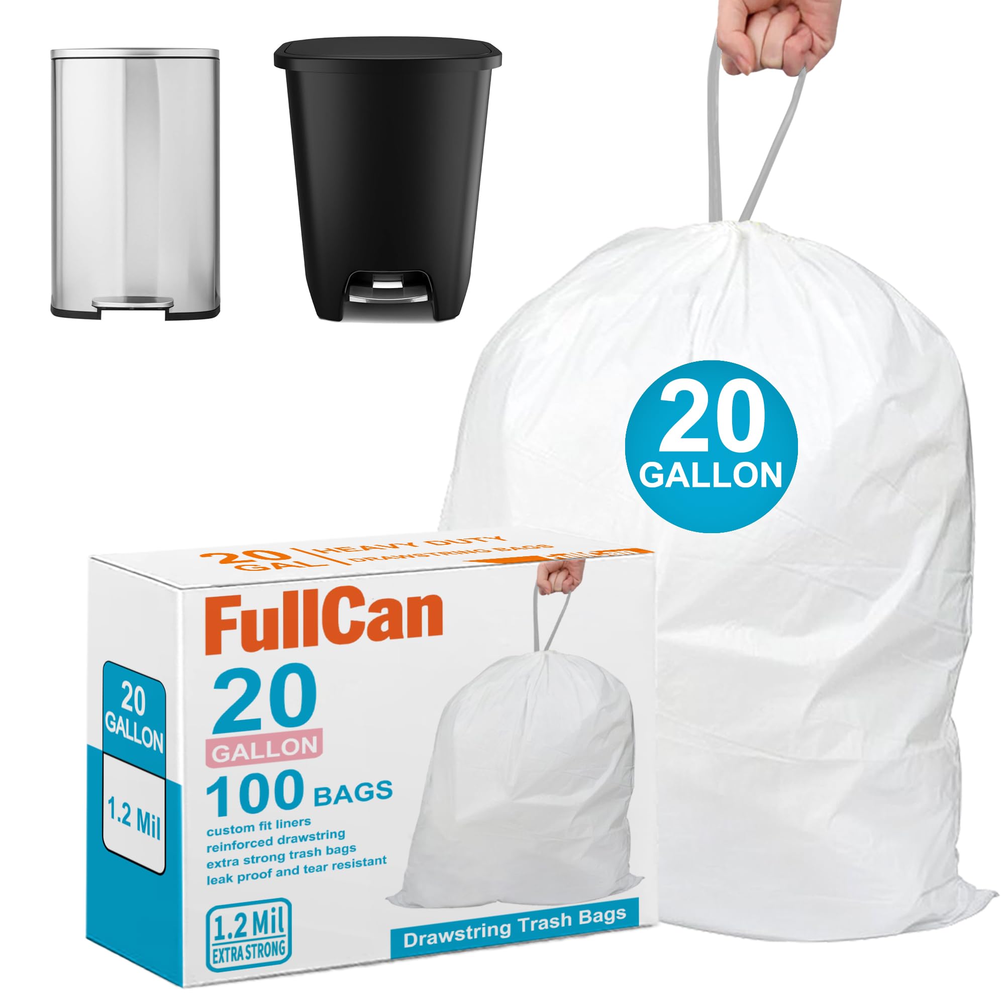 FullCan 20 Gallon 100 Count Heavy Duty Trash Bags Compatible