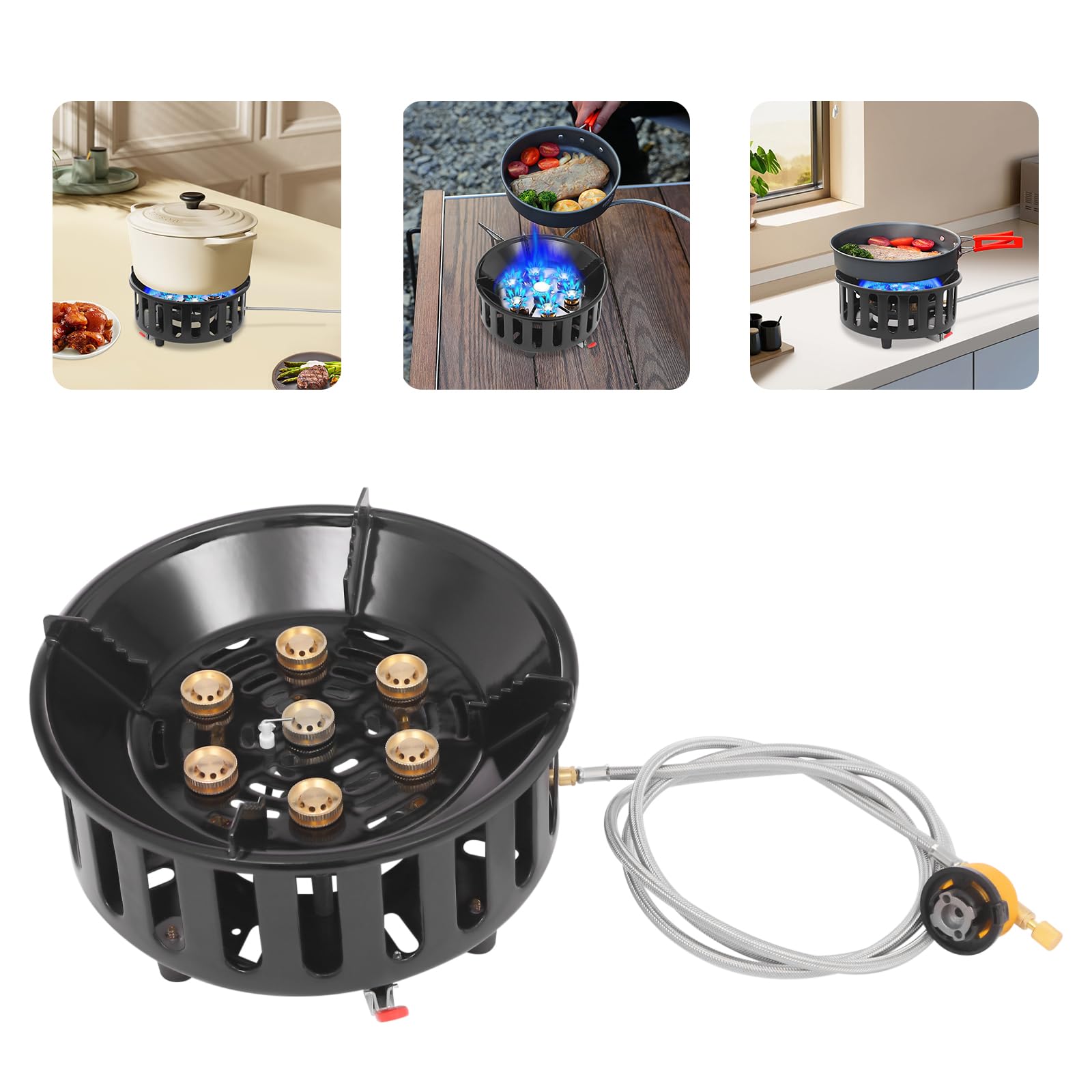 Hornillo portátil con 3 adaptadores, a prueba de viento, de gas, estufa de camping con encendido piezoeléctrico, estufa de gas portátil, para camping, trekking, senderismo, picnic