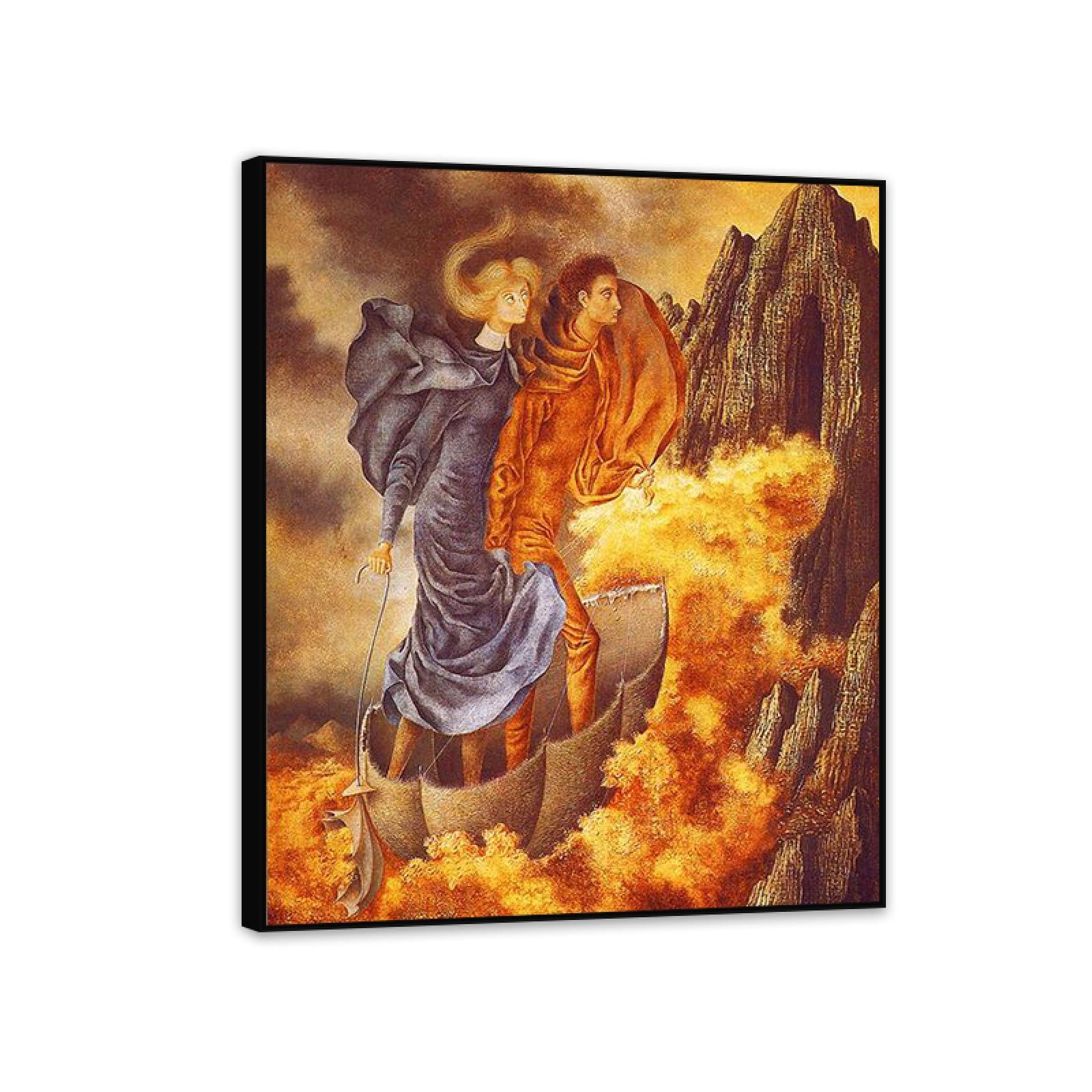 MYCGGDGH Remedios Varo Canvas Wall Art Reproductions of Famous Paintings The Flight Surrealist Canvas Painting Wall Decor for Living Room Bedroom Home Decor 65x50cm(26x19in) Black Framed