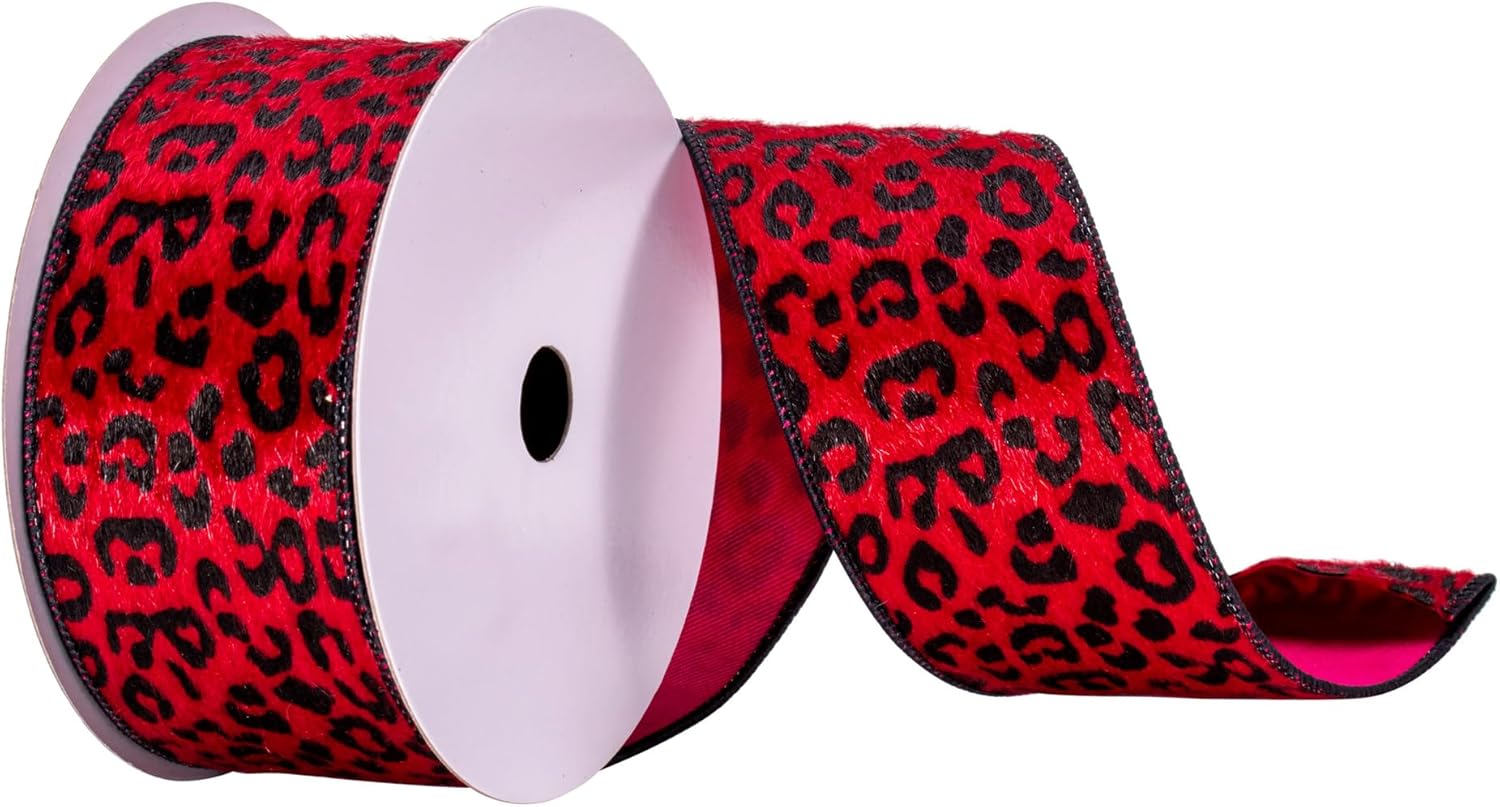 Vickerman 2.5" x 10 yd Red Leopard Print Ribbon, Seasonal Christmas Ribbon for Gift Wrapping, Tree Decor