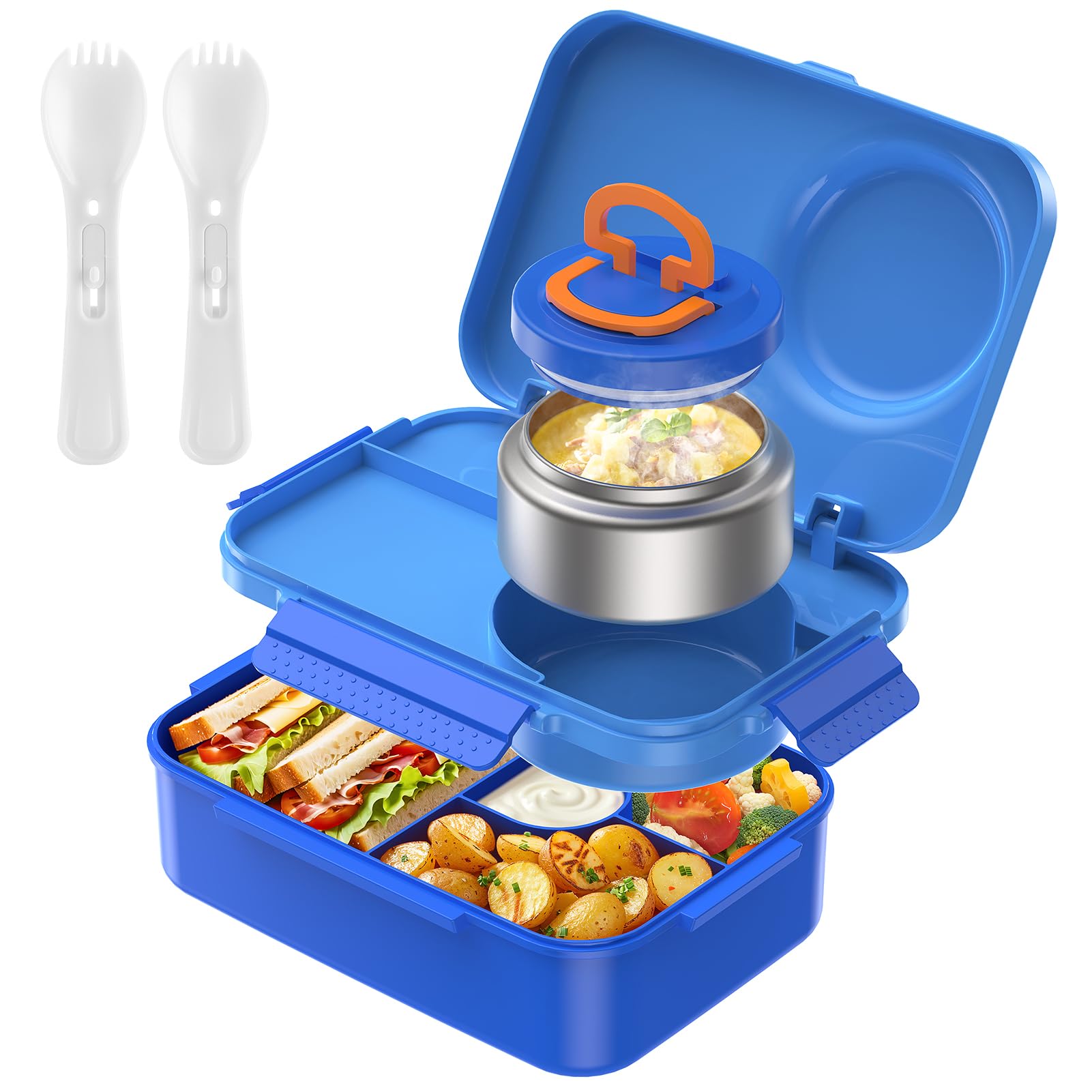 DaCool Lunch Box for Kids with 5oz Soup Food Thermo for Hot Food Kids Bento Box 1500ml Leakproof Lunch Box for kids Teens Boys Lunchbox with Fork Spoon for Dining Out Work School, Blue