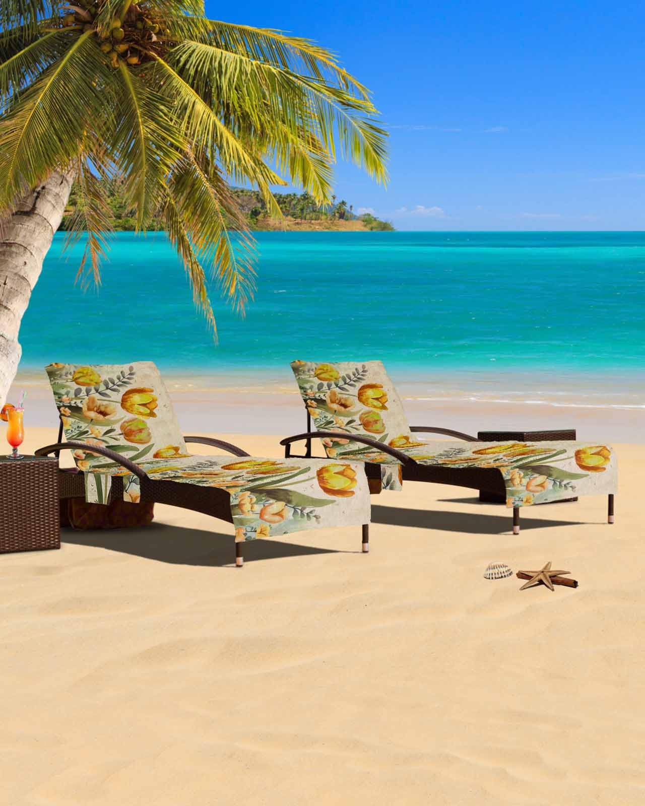 Eucalyptus Floral Beach Chair Cover with Side Pockets, Microfiber & Quick Dry Pool Chaise Lounge Chair Towels Covers for Sun Sunbathing Patio Garden Hotel, Yellow Botanical Blooms Vintage Farmhouse