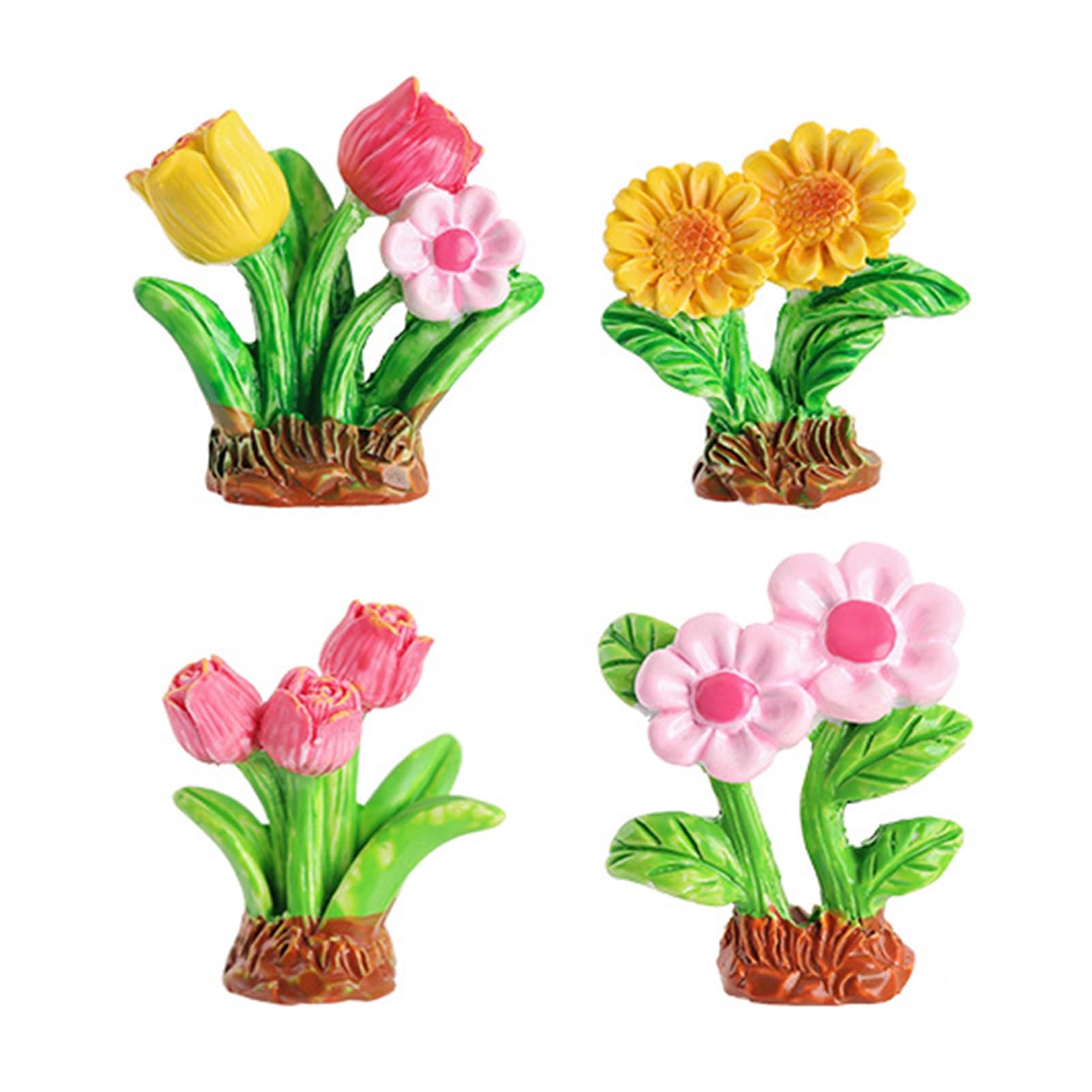 Glifora 4 Pcs Miniature Flower Cluster Figurine - Tiny Resin Fake Sunflower, Tulip and Grass Model for Fairy Garden, Micro Landscape and Dollhouse Decoration
